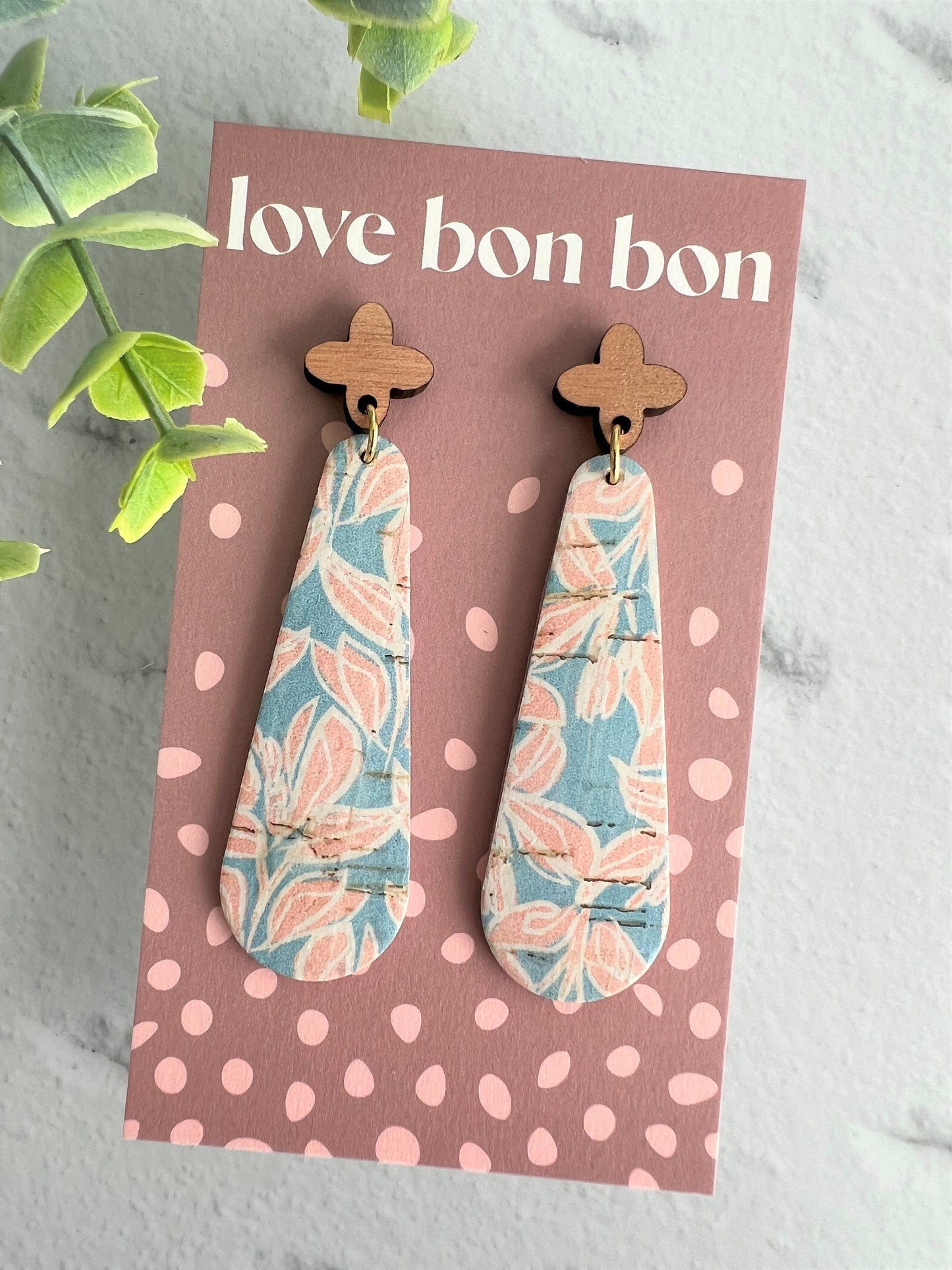 Cork & Leather Bar Drop Handmade Earring with Wooden topper - gifts for her - drop earrings - dangle earrings - birthday gift