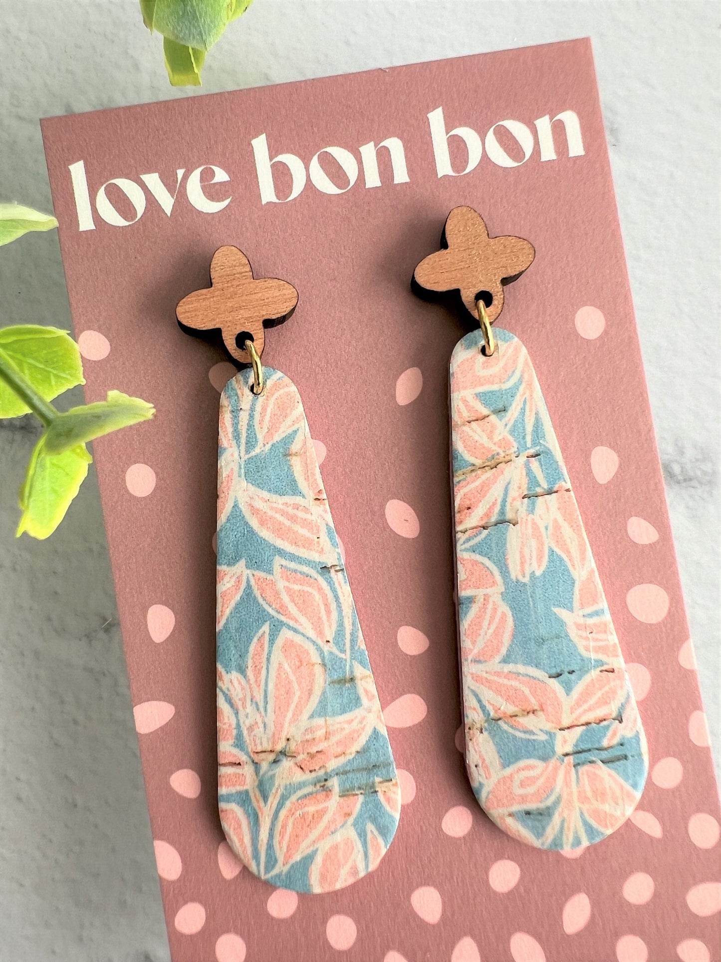Cork & Leather Bar Drop Handmade Earring with Wooden topper - gifts for her - drop earrings - dangle earrings - birthday gift