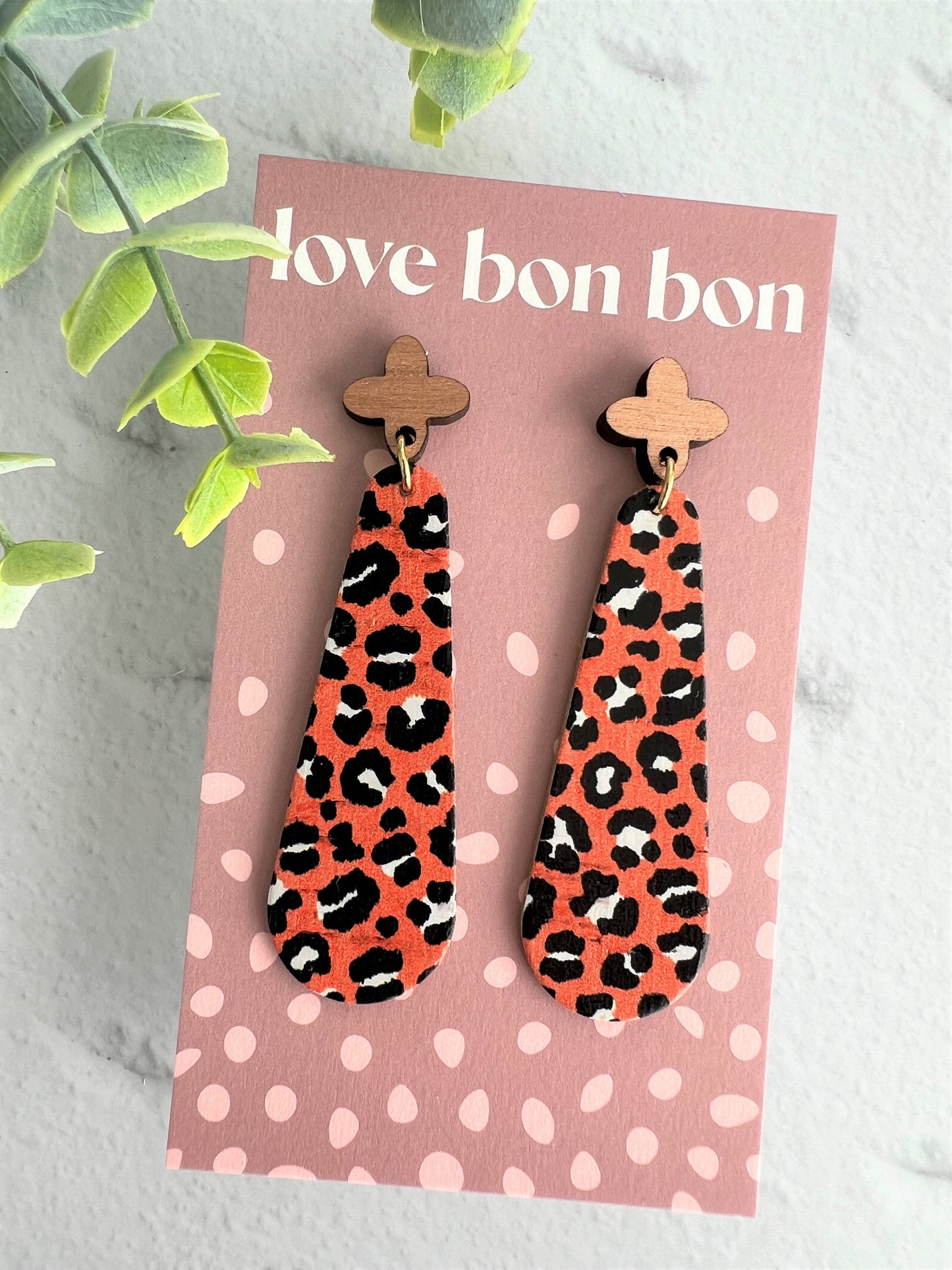 Cork & Leather Bar Drop Handmade Earring with Wooden topper - gifts for her - drop earrings - dangle earrings - birthday gift