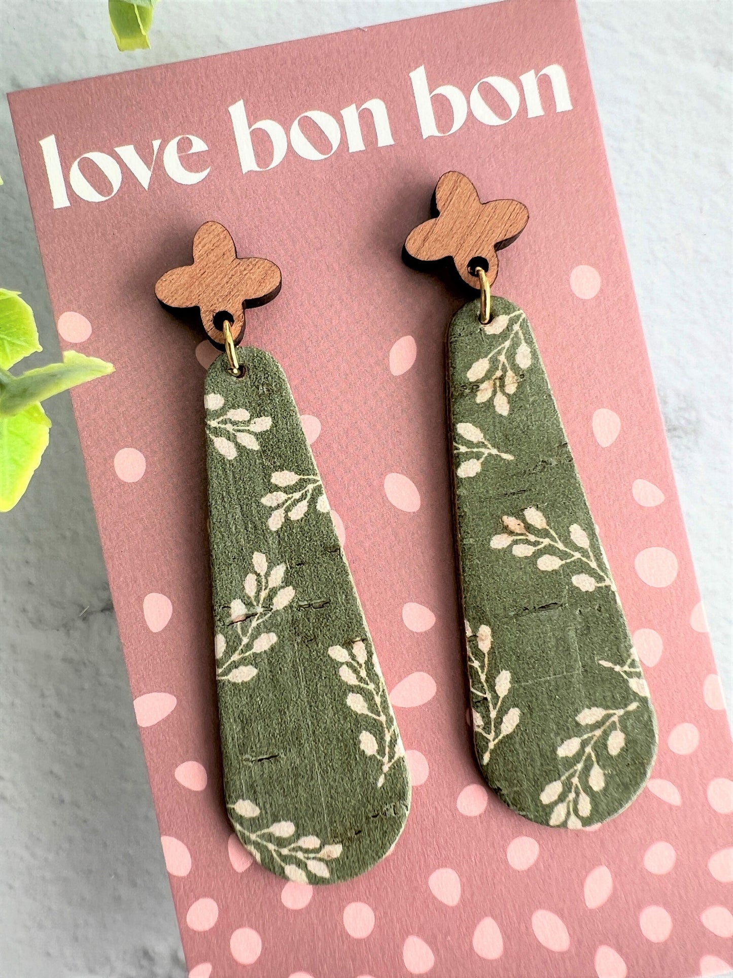 Cork & Leather Bar Drop Handmade Earring with Wooden topper - gifts for her - drop earrings - dangle earrings - birthday gift