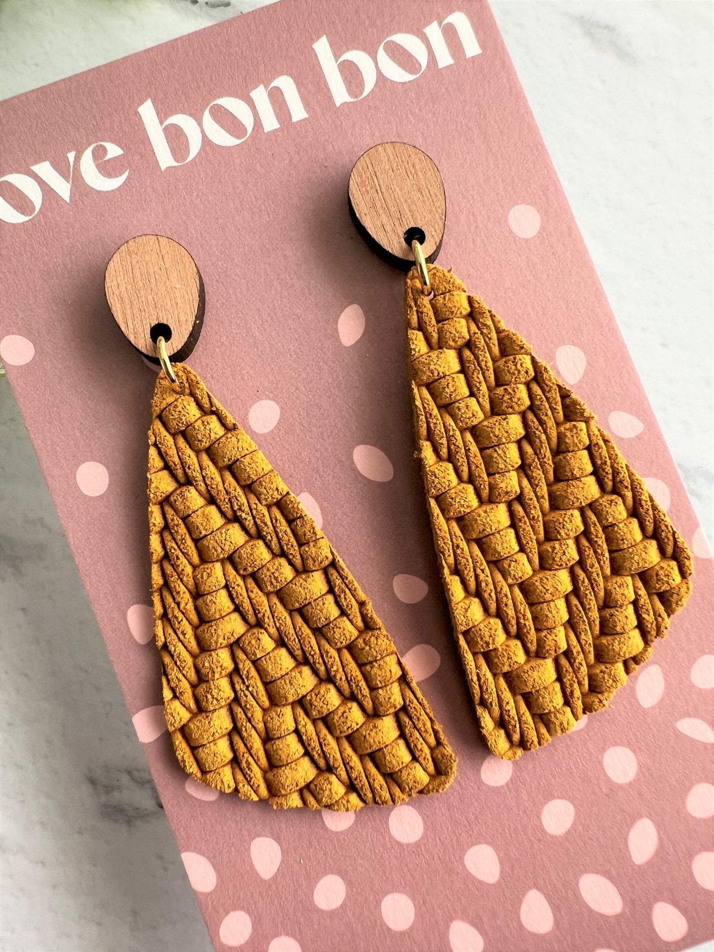 Genuine Leather Handmade Earring with Wooden topper, dangle earring, handmade earring, gift for her, birthday gift, Mustard Yellow