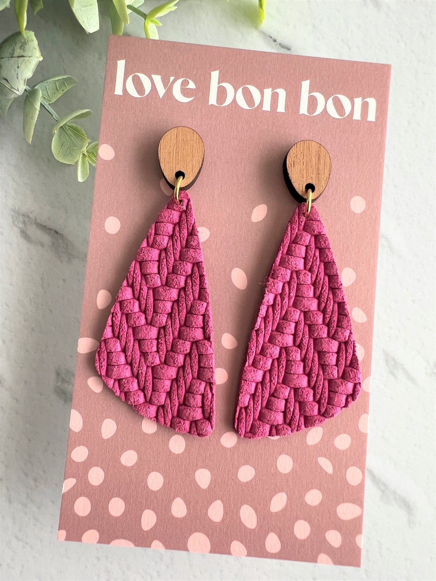 Genuine Leather Handmade Earring with Wooden topper, dangle earring, handmade earring, gift for her, birthday gift, Orchid Pink