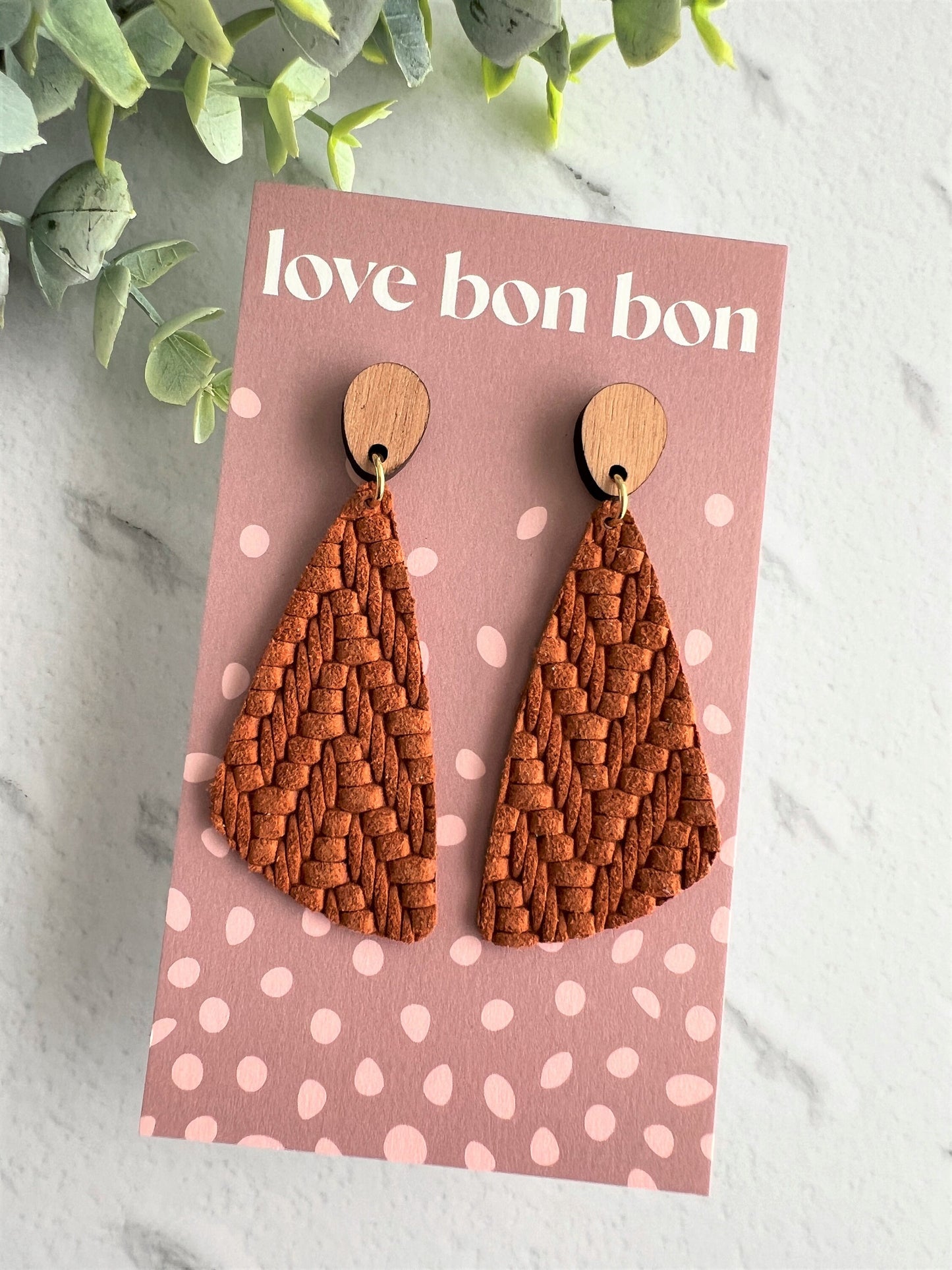 Genuine Leather Handmade Earring with Wooden topper, dangle earring, handmade earring, gift for her, birthday gift, Rust Leather