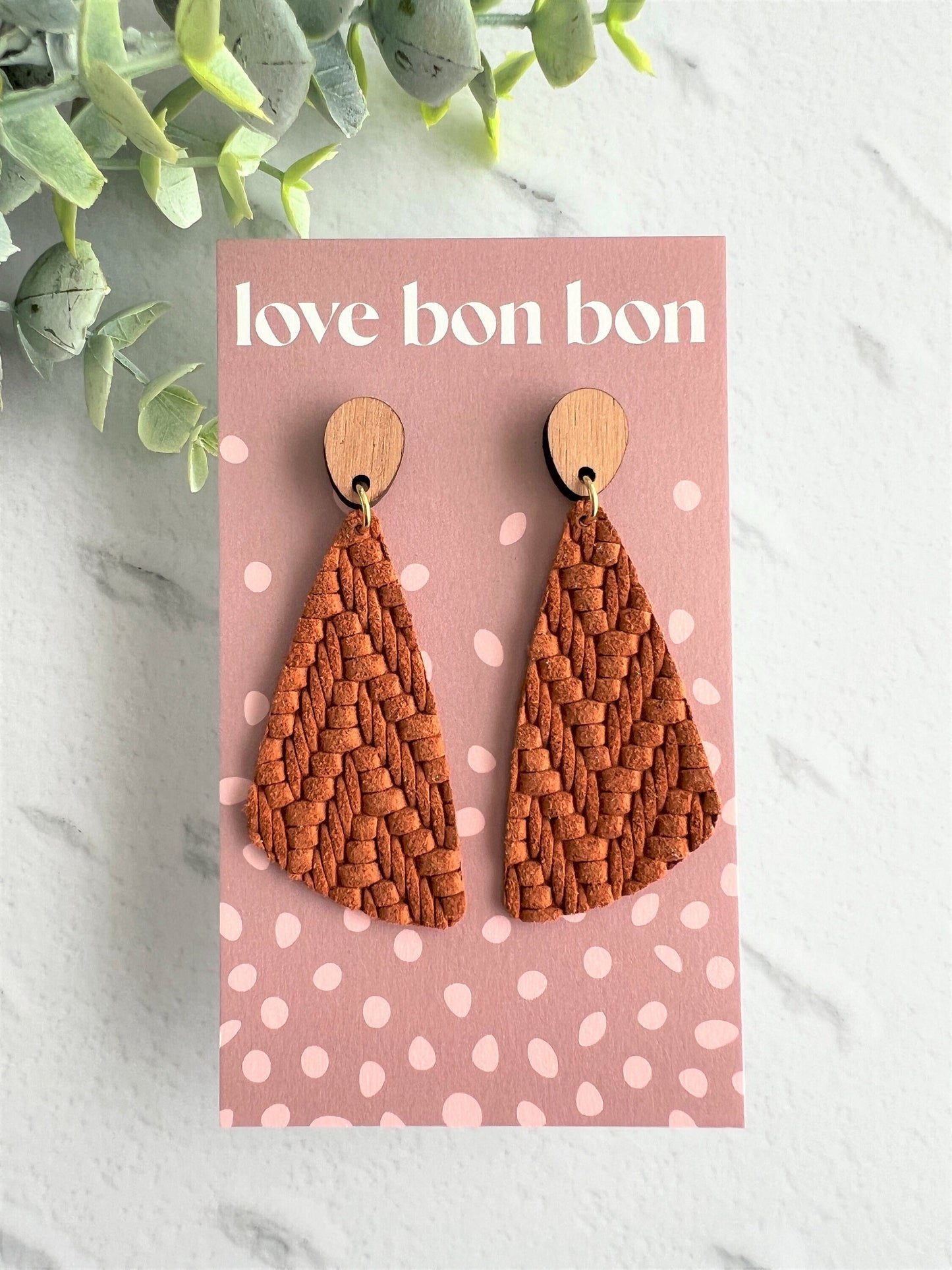 Genuine Leather Handmade Earring with Wooden topper, dangle earring, handmade earring, gift for her, birthday gift, Rust Leather