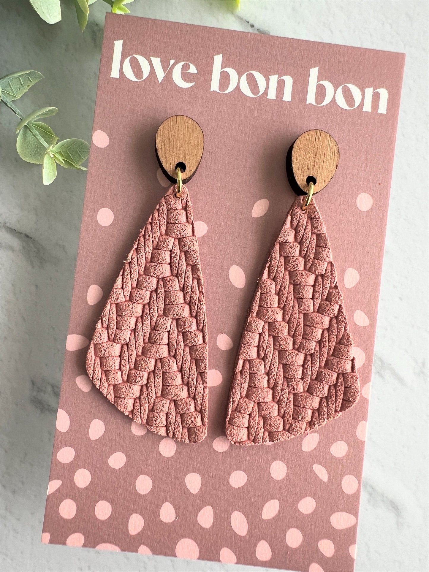 Genuine Leather Handmade Earring with Wooden topper, dangle earring, handmade earring, gift for her, birthday gift, Blushing Pink
