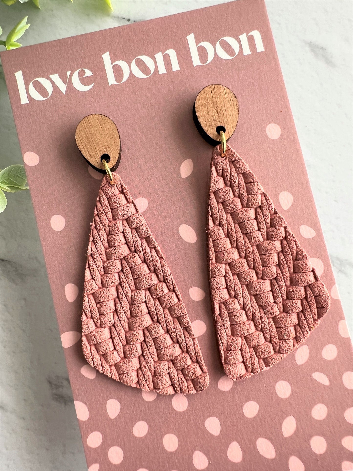 Genuine Leather Handmade Earring with Wooden topper, dangle earring, handmade earring, gift for her, birthday gift, Blushing Pink