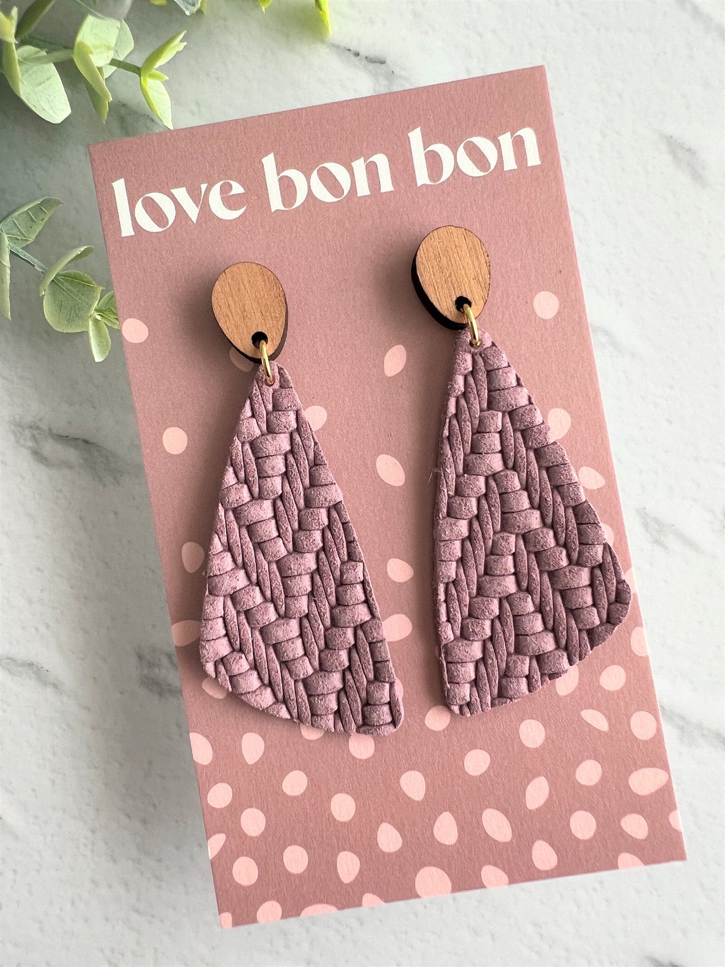 Genuine Leather Handmade Earring with Wooden topper, dangle earring, handmade earring, gift for her, birthday gift, Lilac Leather