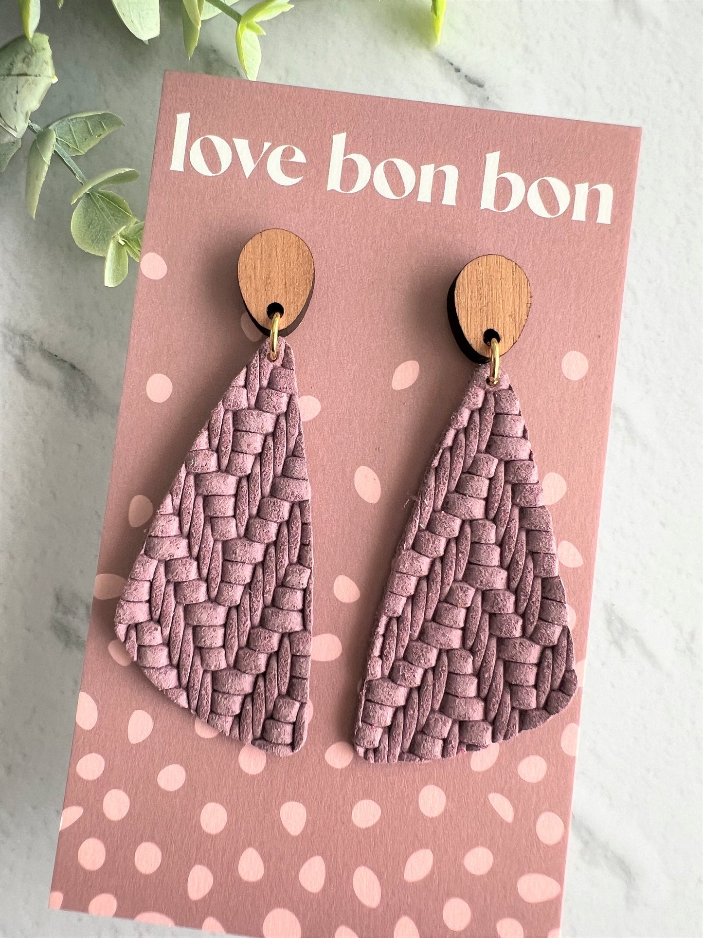 Genuine Leather Handmade Earring with Wooden topper, dangle earring, handmade earring, gift for her, birthday gift, Lilac Leather