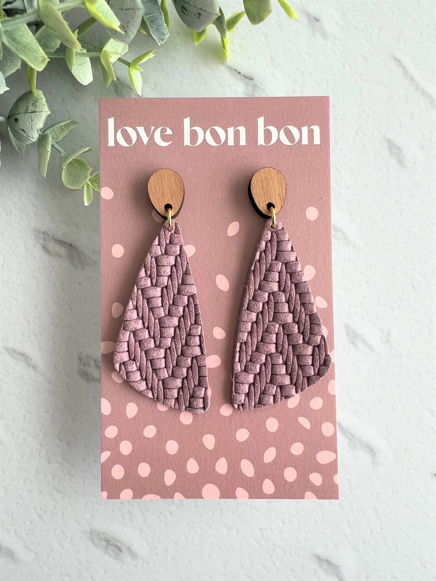 Genuine Leather Handmade Earring with Wooden topper, dangle earring, handmade earring, gift for her, birthday gift, Lilac Leather