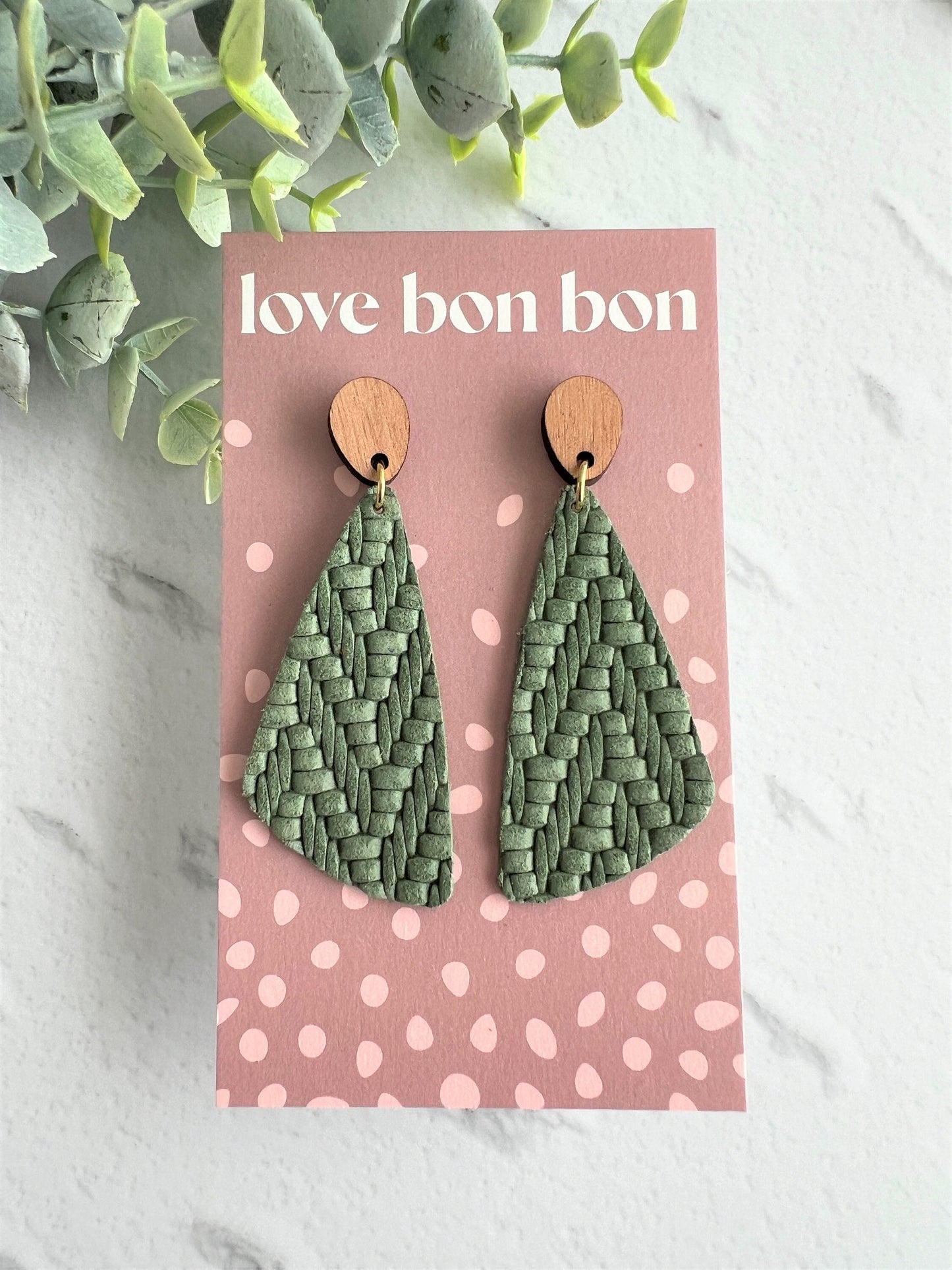 Genuine Leather Handmade Earring with Wooden topper, dangle earring, handmade earring, gift for her, birthday gift, Sage Leather