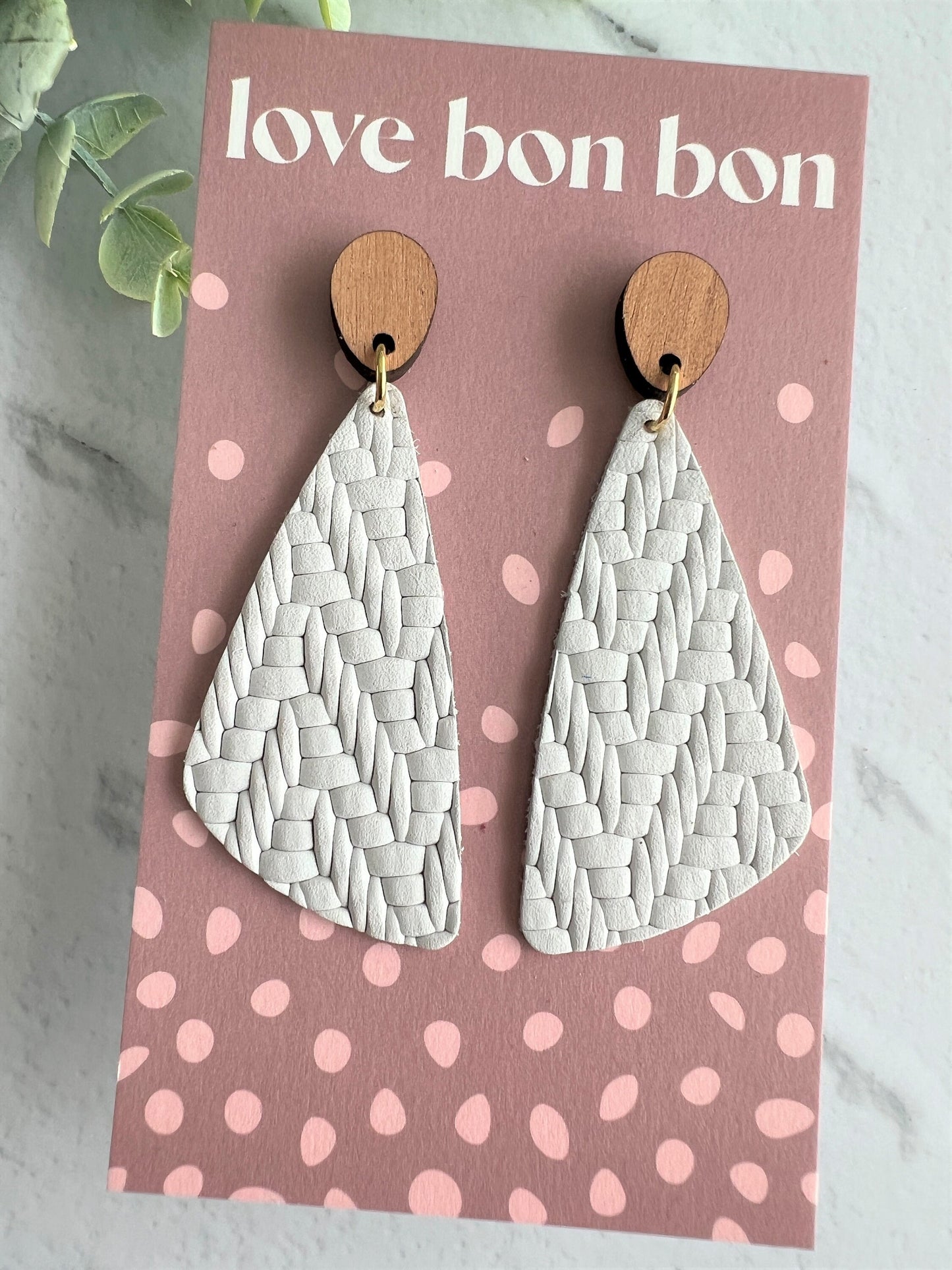 Genuine Leather Handmade Earring with Wooden topper, dangle earring, handmade earring, gift for her, birthday gift, Snow White