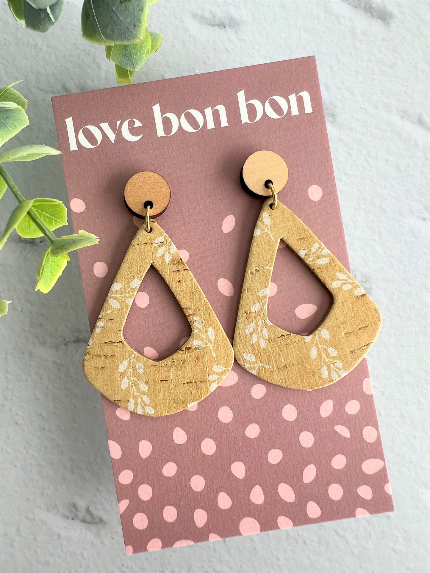 Cork and Leather Geometric Handmade Earring with Wooden topper, dangle earring, gift for her, birthday gift, floral handmade earring