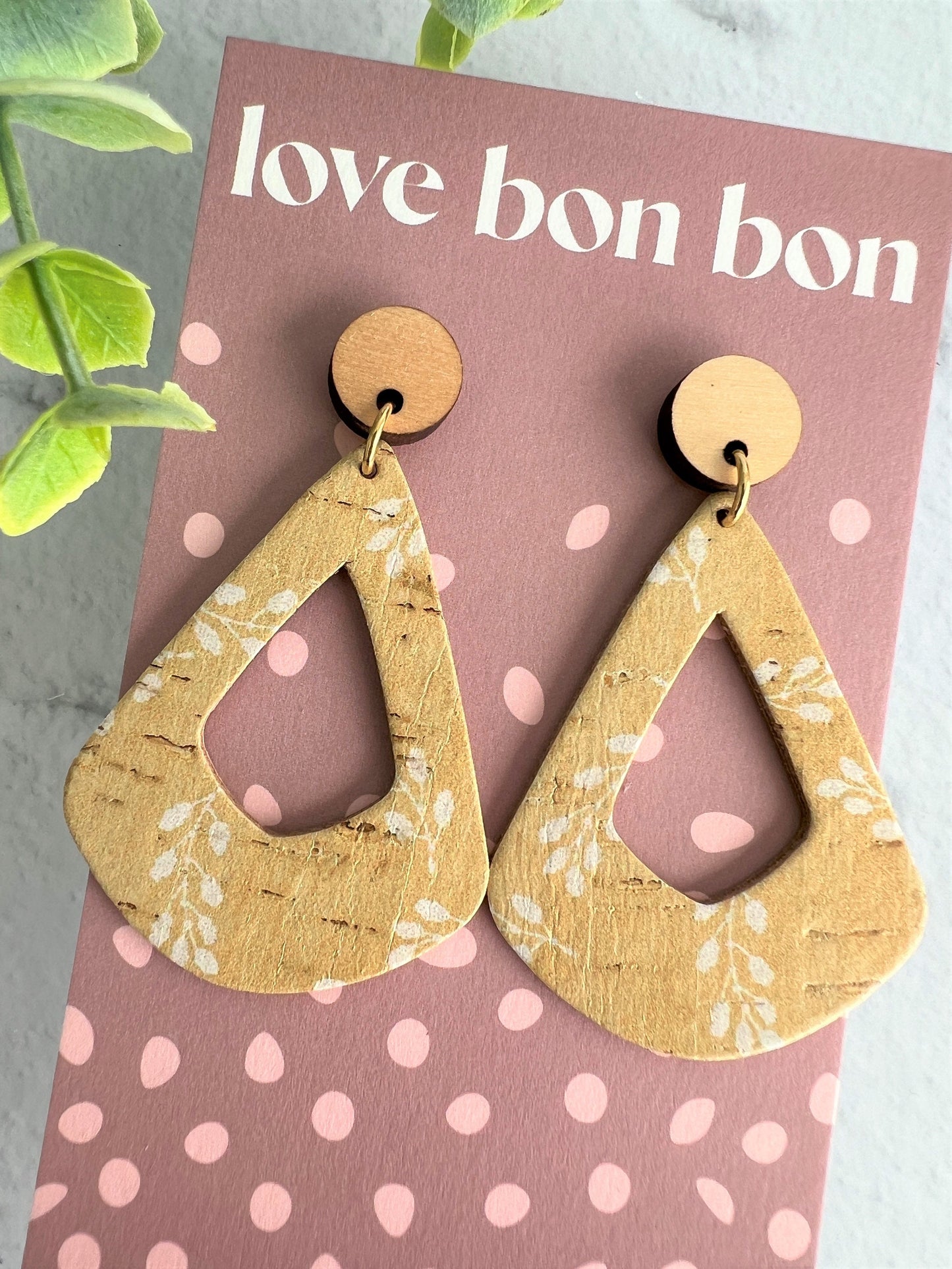 Cork and Leather Geometric Handmade Earring with Wooden topper, dangle earring, gift for her, birthday gift, floral handmade earring