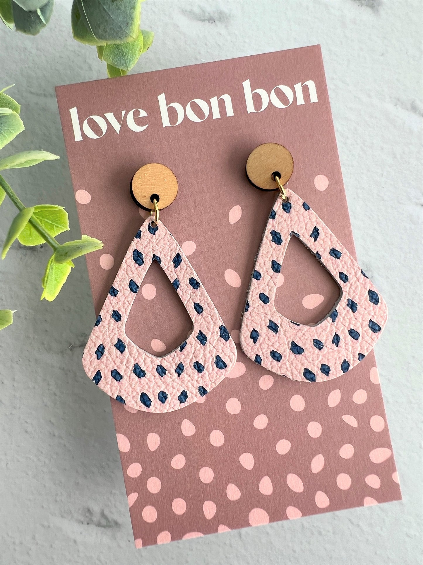Genuine Leather Geometric Handmade Earring with Wooden topper, dangle earring, gift for her, birthday gift, pink spotted leather earring