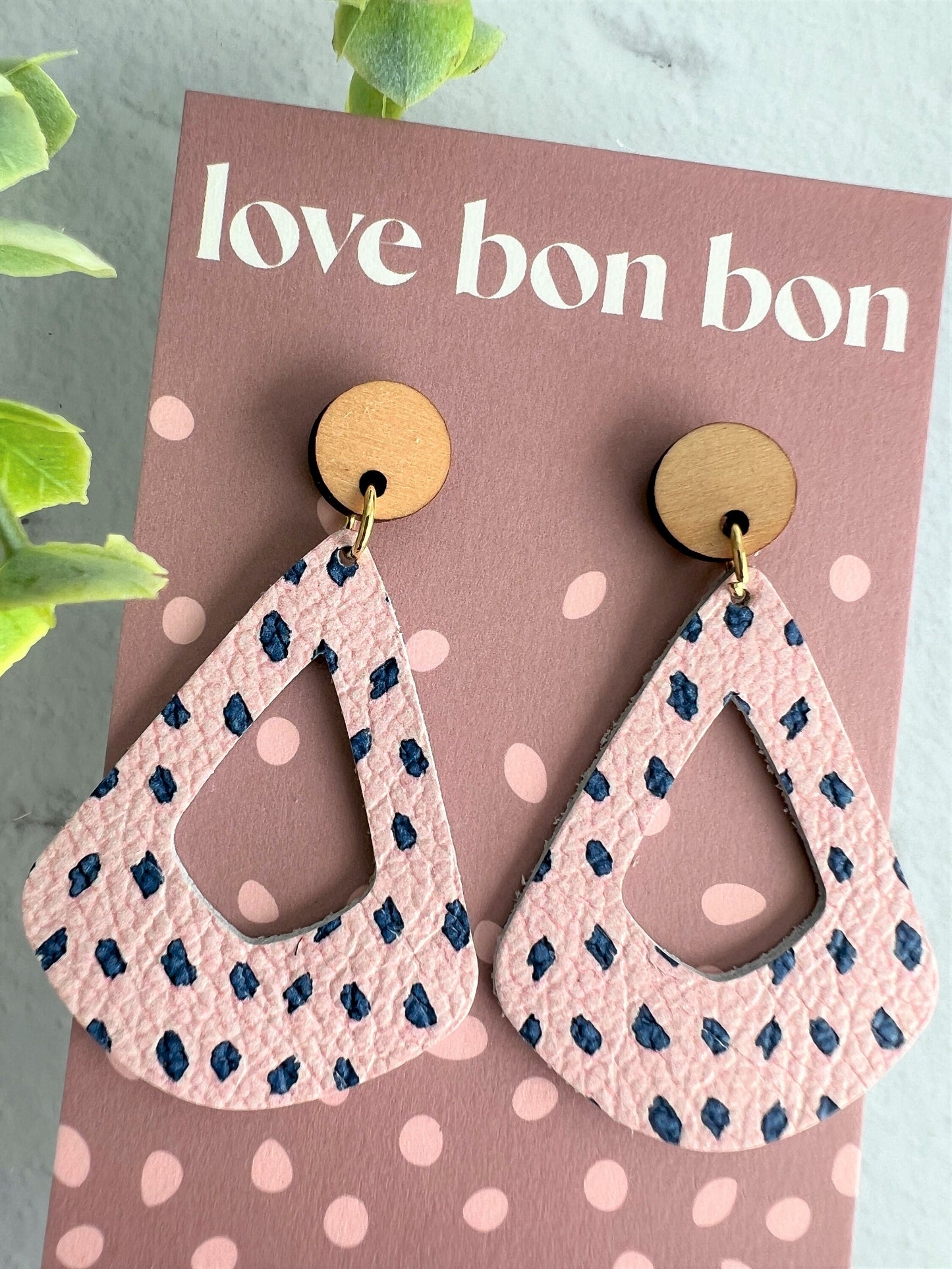 Genuine Leather Geometric Handmade Earring with Wooden topper, dangle earring, gift for her, birthday gift, pink spotted leather earring