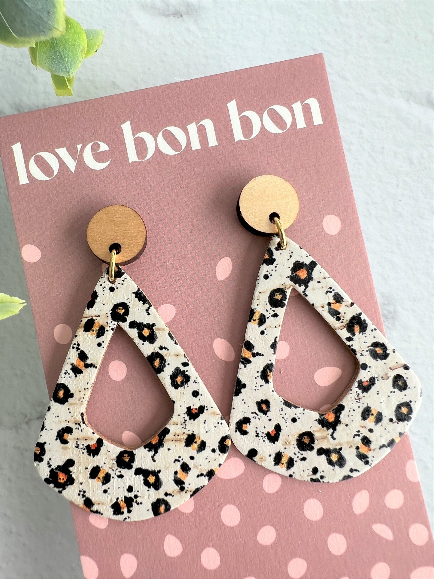 Cork and Leather Geometric Handmade Earring with Wooden topper, dangle earring, gift for her, birthday gift, cheetah print earring