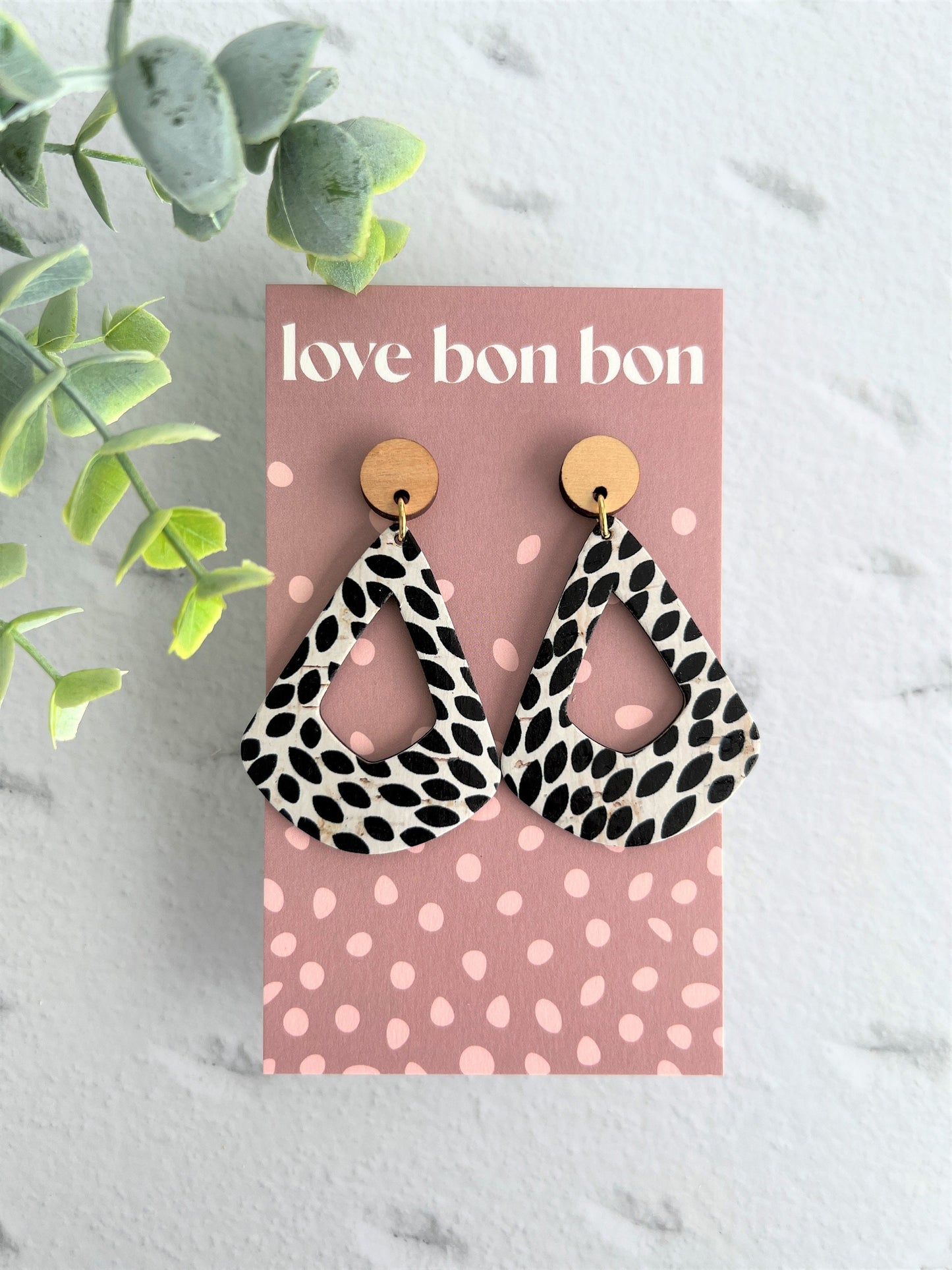Cork and Leather Geometric Handmade Earring with Wooden topper, dangle earring, gift for her, birthday gift, black and white earring