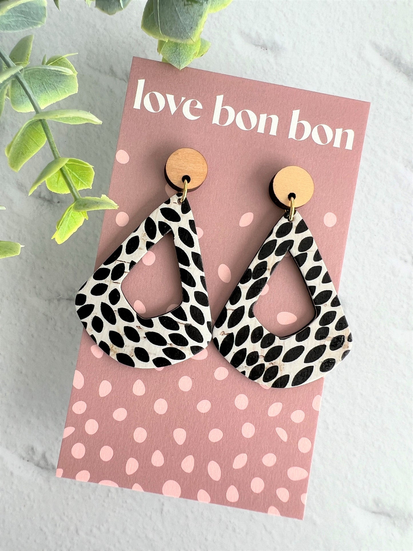 Cork and Leather Geometric Handmade Earring with Wooden topper, dangle earring, gift for her, birthday gift, black and white earring