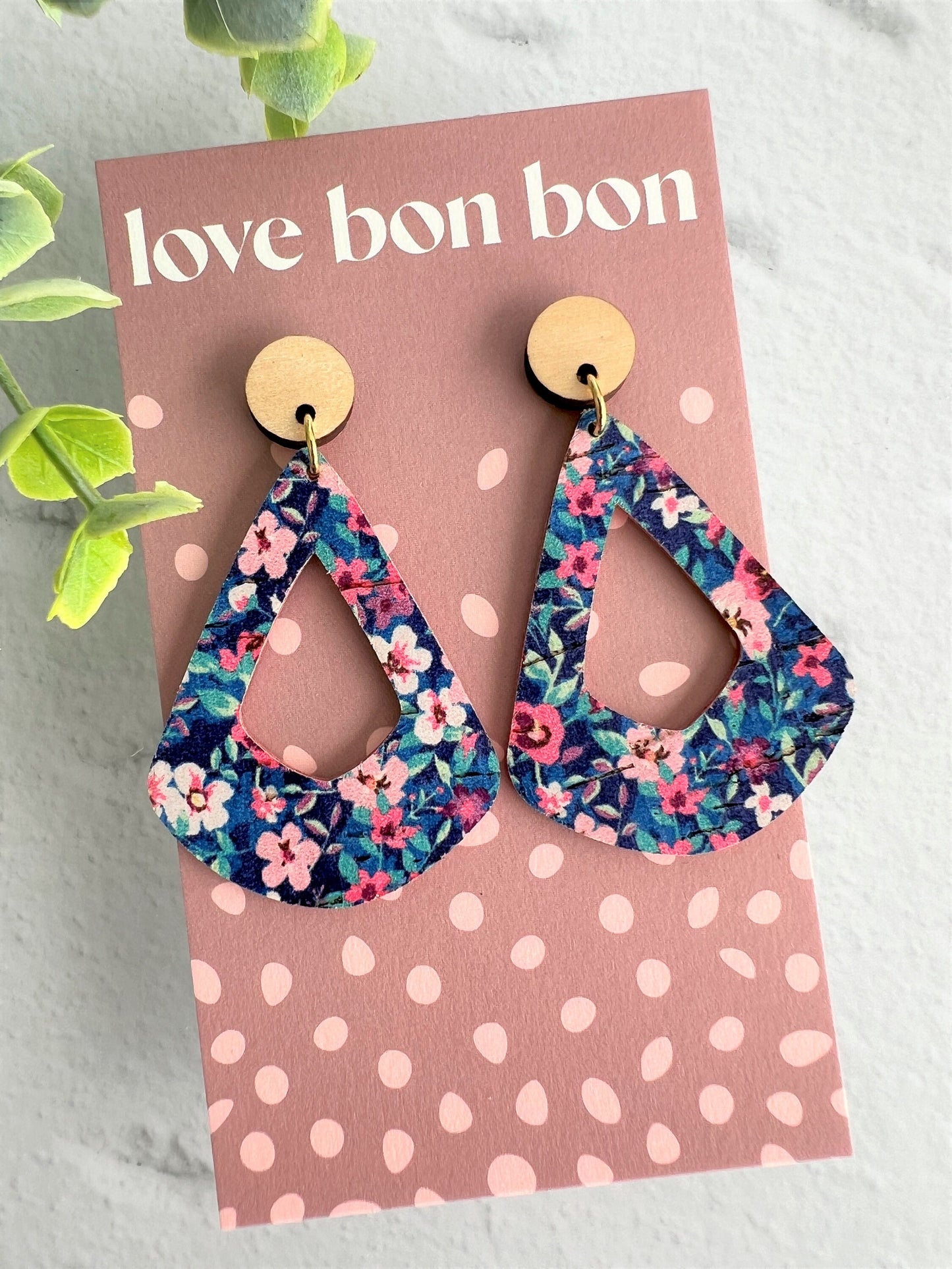 Cork and Leather Geometric Handmade Earring with Wooden topper, dangle earring, gift for her, birthday gift, floral handmade earring