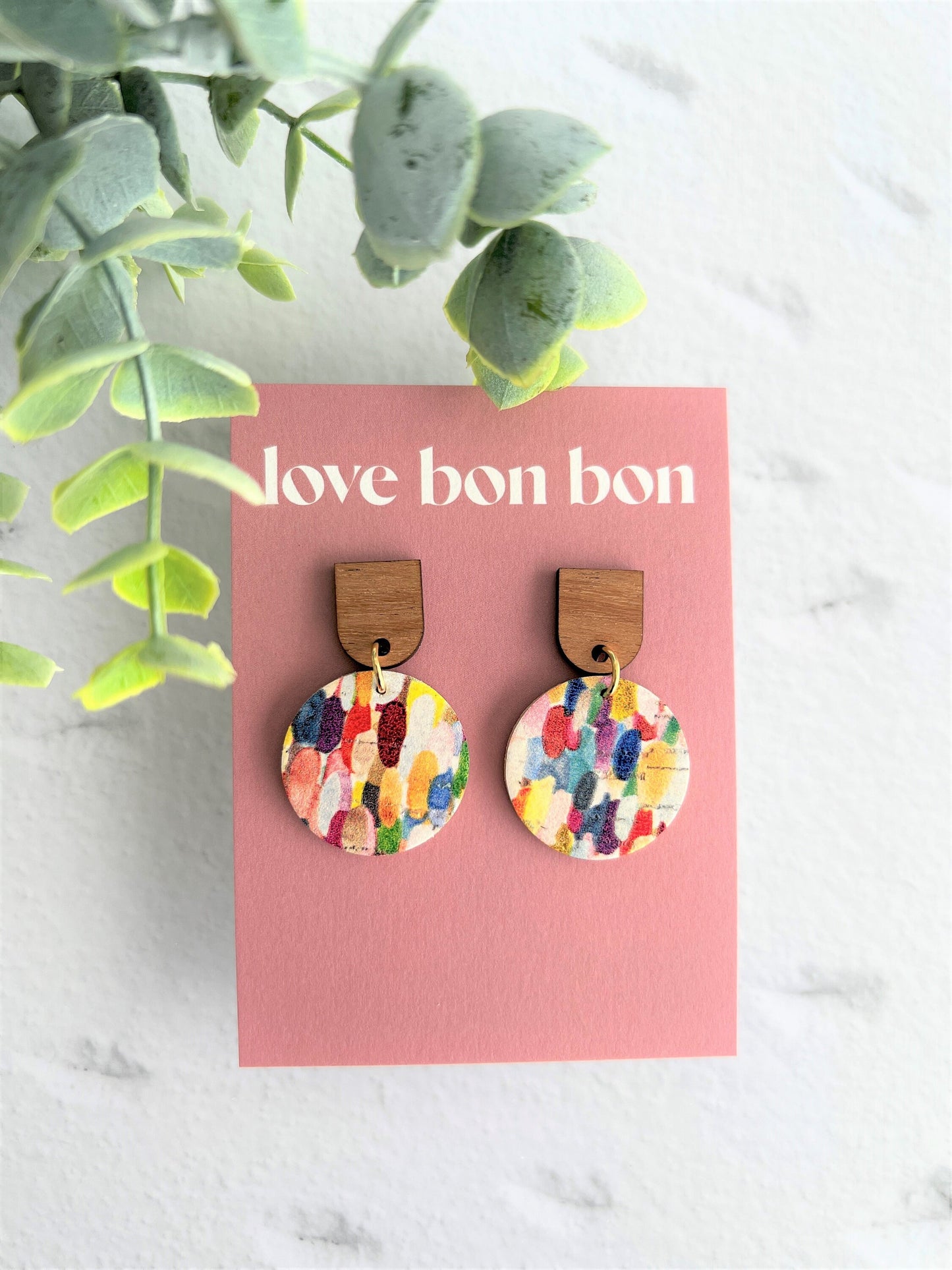Marley - Vivid Confetti Cork & Leather Handmade Dangle Circle Earrings