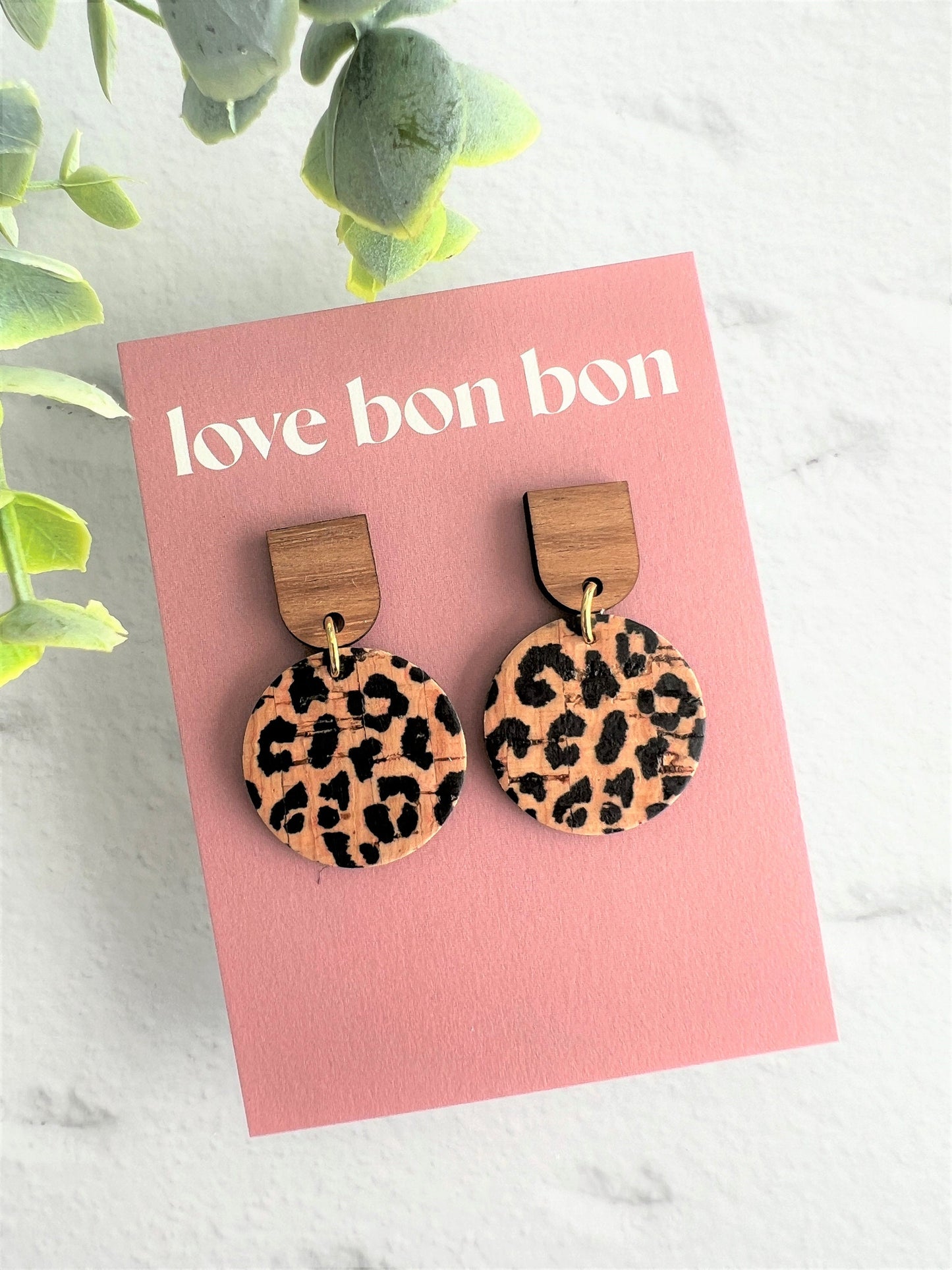 Marley - Cork Leopard Cork & Leather Handmade Circle Dangle Earrings