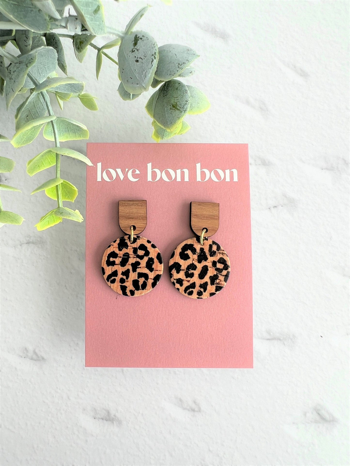 Marley - Cork Leopard Cork & Leather Handmade Circle Dangle Earrings