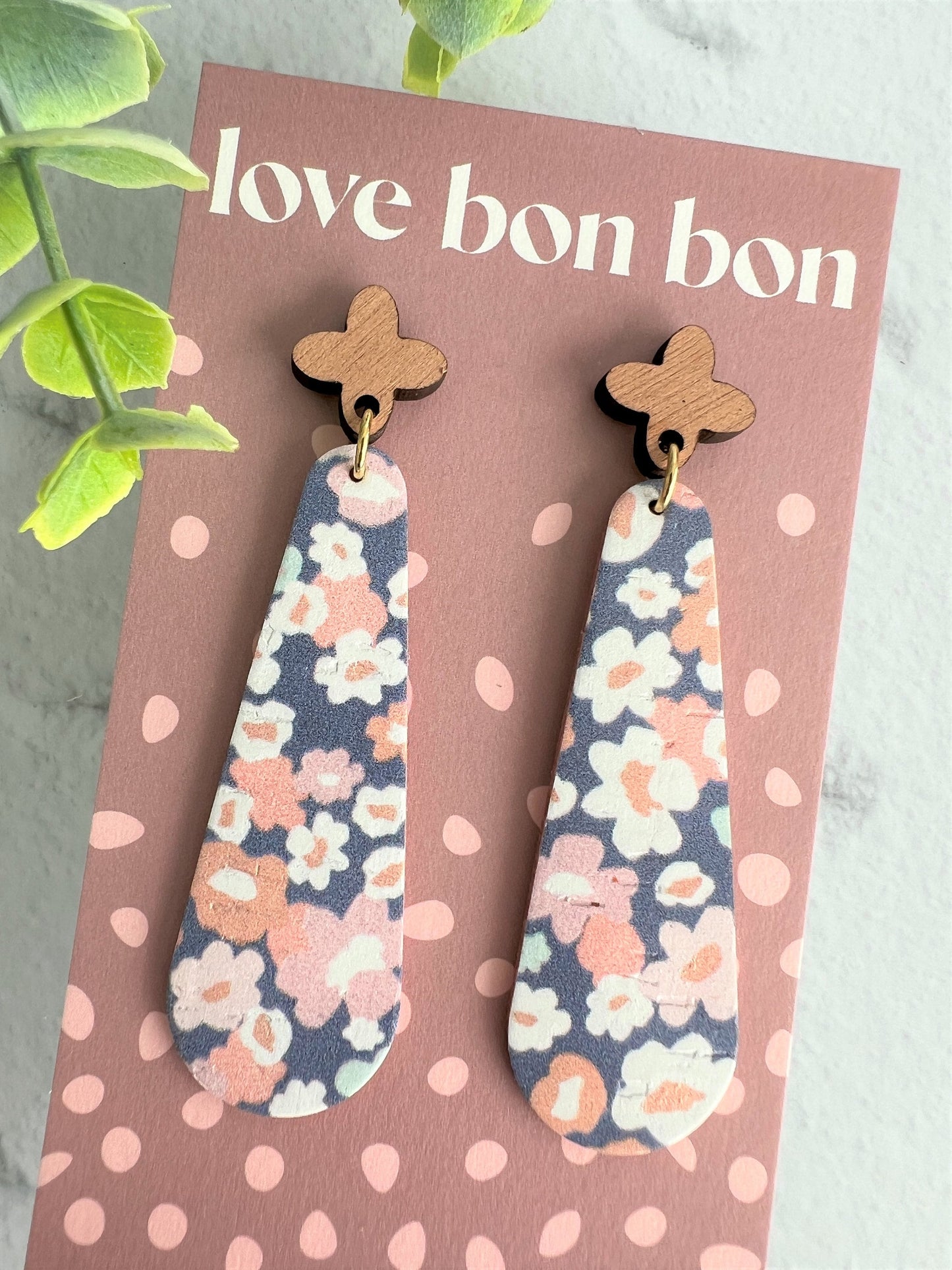 Cork & Leather Bar Drop Handmade Earring with Wooden topper - gifts for her - drop earrings - dangle earrings - birthday gift