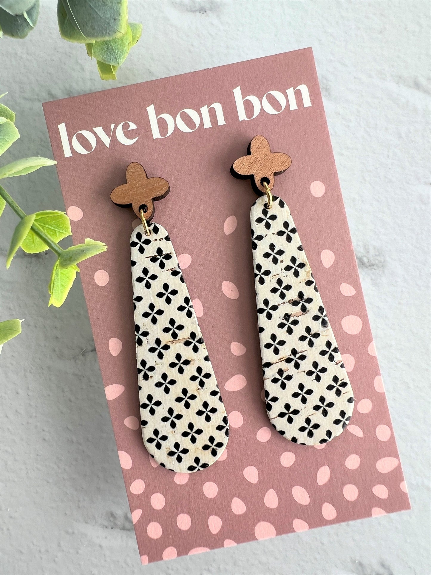 Cork & Leather Bar Drop Handmade Earring with Wooden topper - gifts for her - drop earrings - dangle earrings - birthday gift