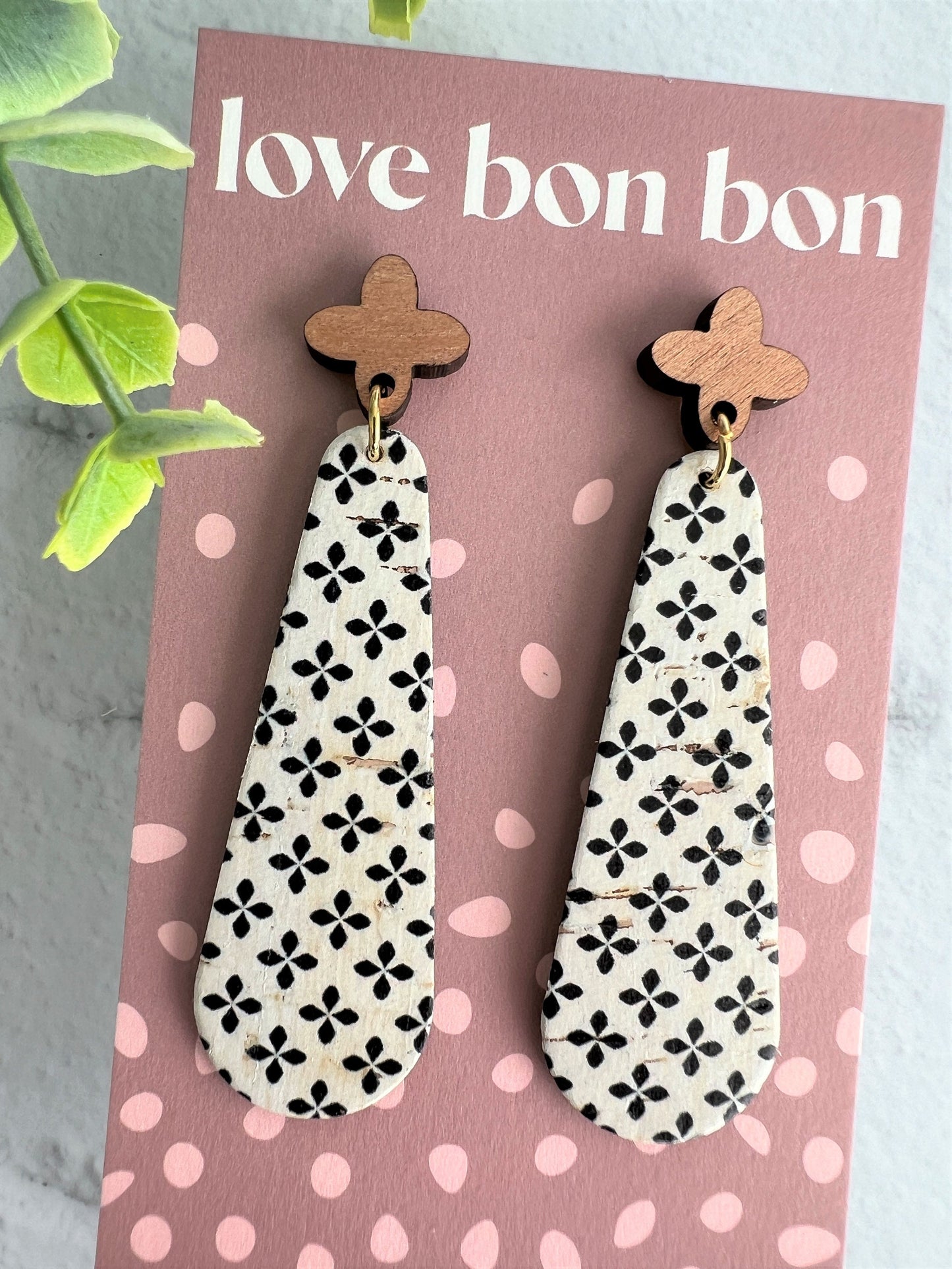 Cork & Leather Bar Drop Handmade Earring with Wooden topper - gifts for her - drop earrings - dangle earrings - birthday gift