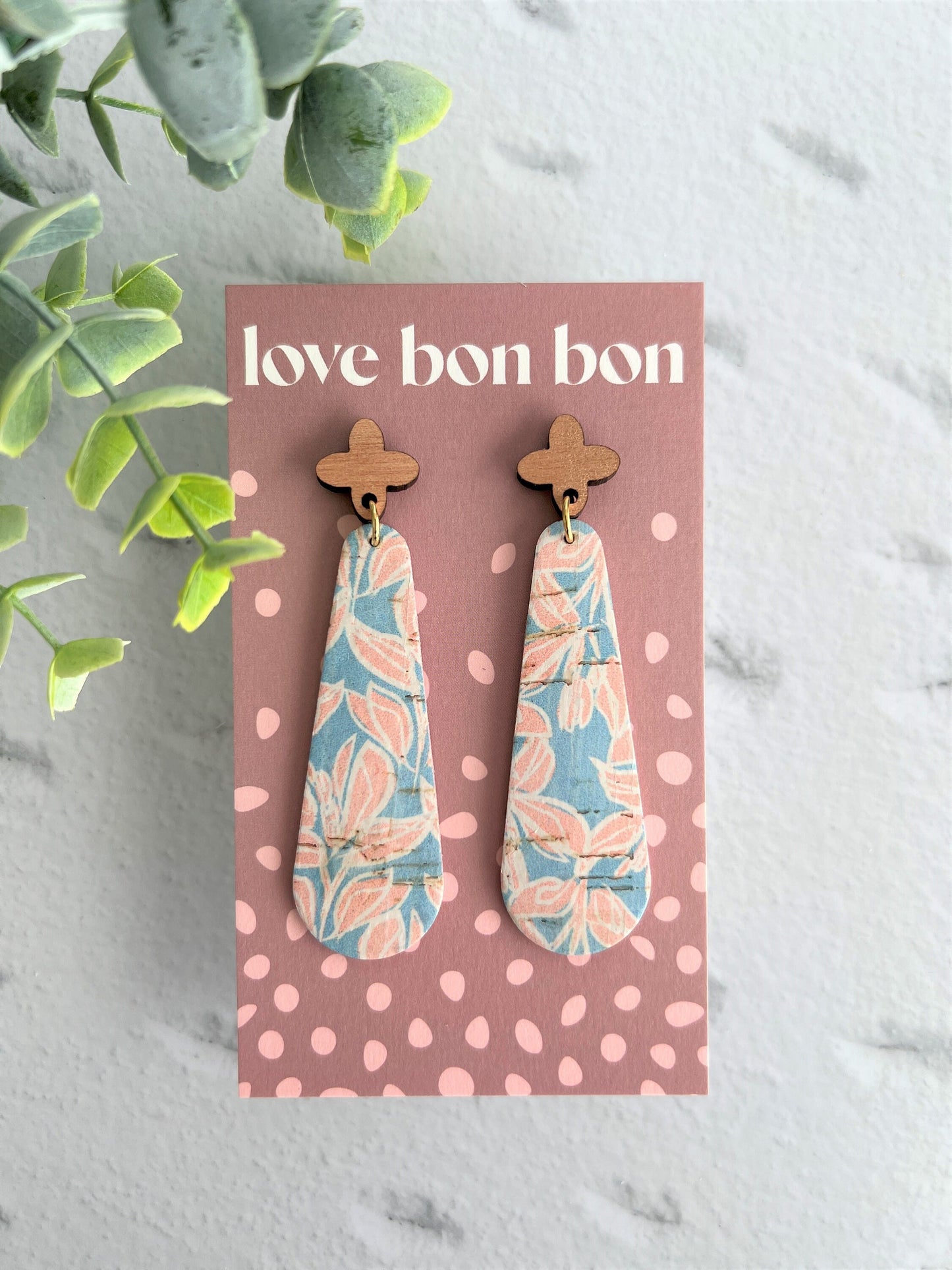 Cork & Leather Bar Drop Handmade Earring with Wooden topper - gifts for her - drop earrings - dangle earrings - birthday gift