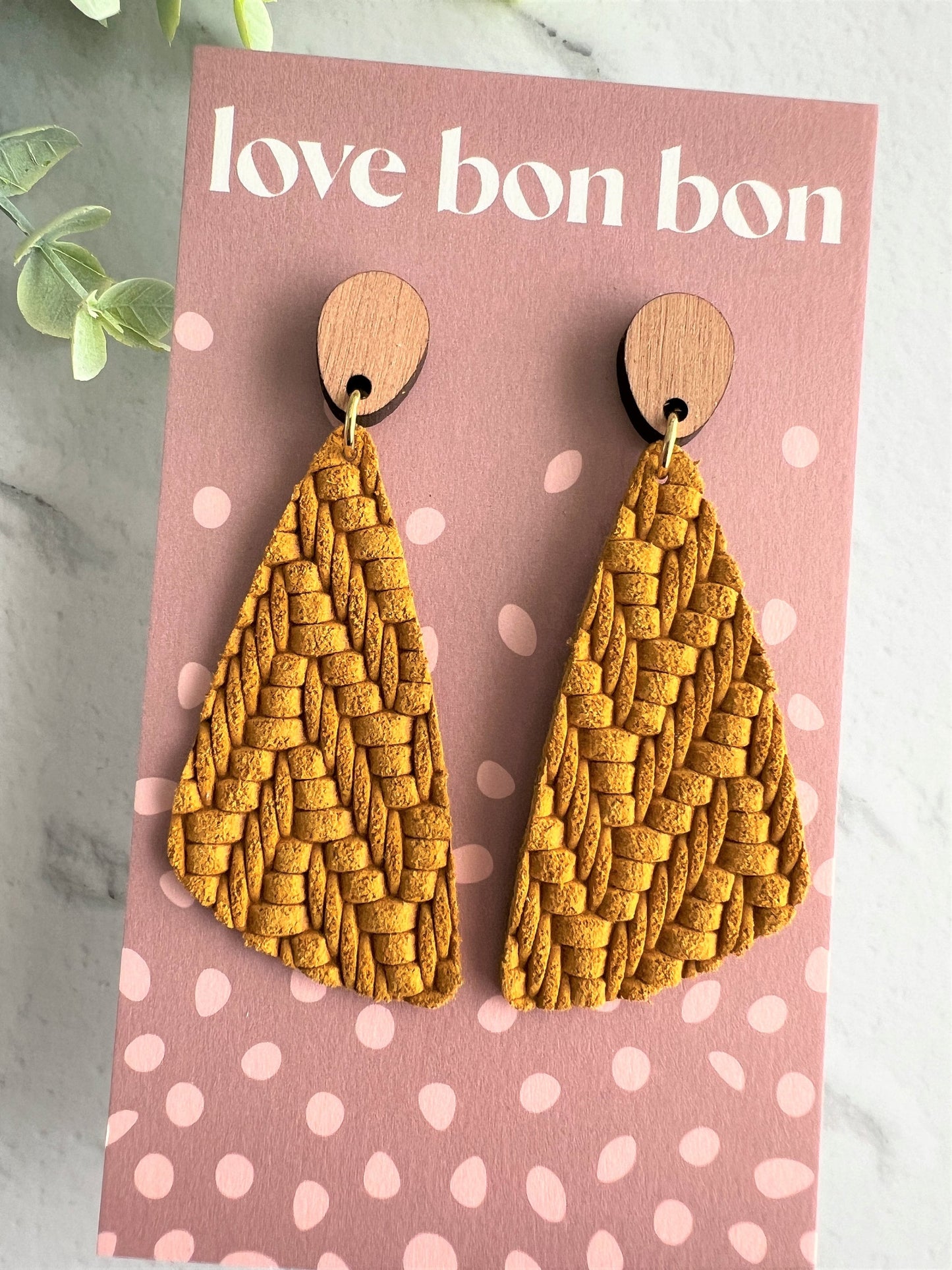 Genuine Leather Handmade Earring with Wooden topper, dangle earring, handmade earring, gift for her, birthday gift, Mustard Yellow