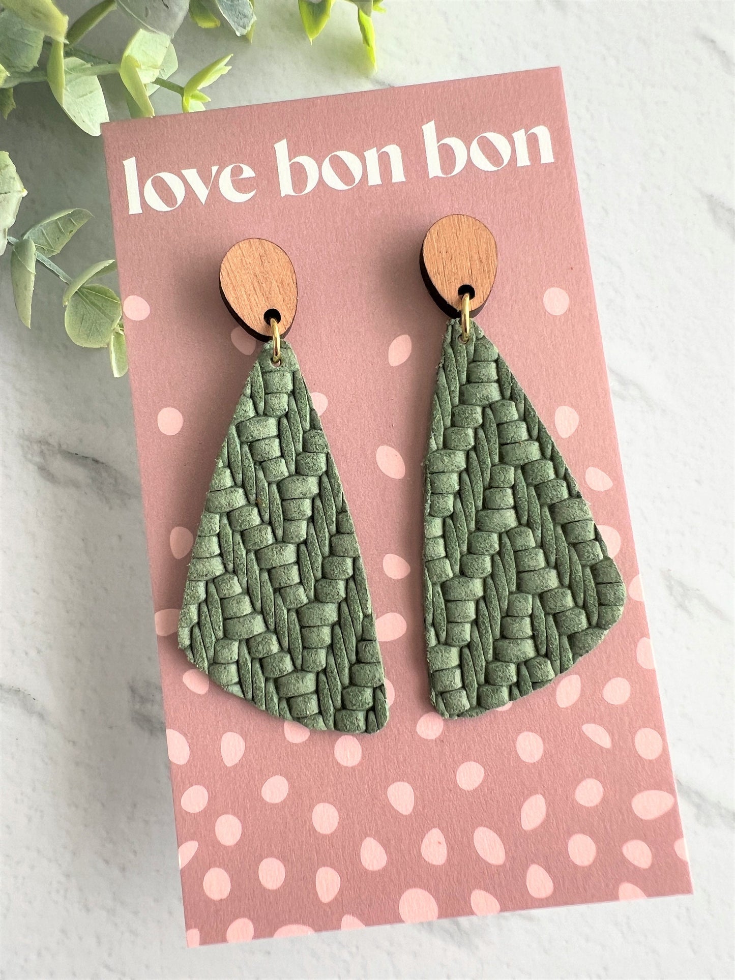 Genuine Leather Handmade Earring with Wooden topper, dangle earring, handmade earring, gift for her, birthday gift, Sage Leather
