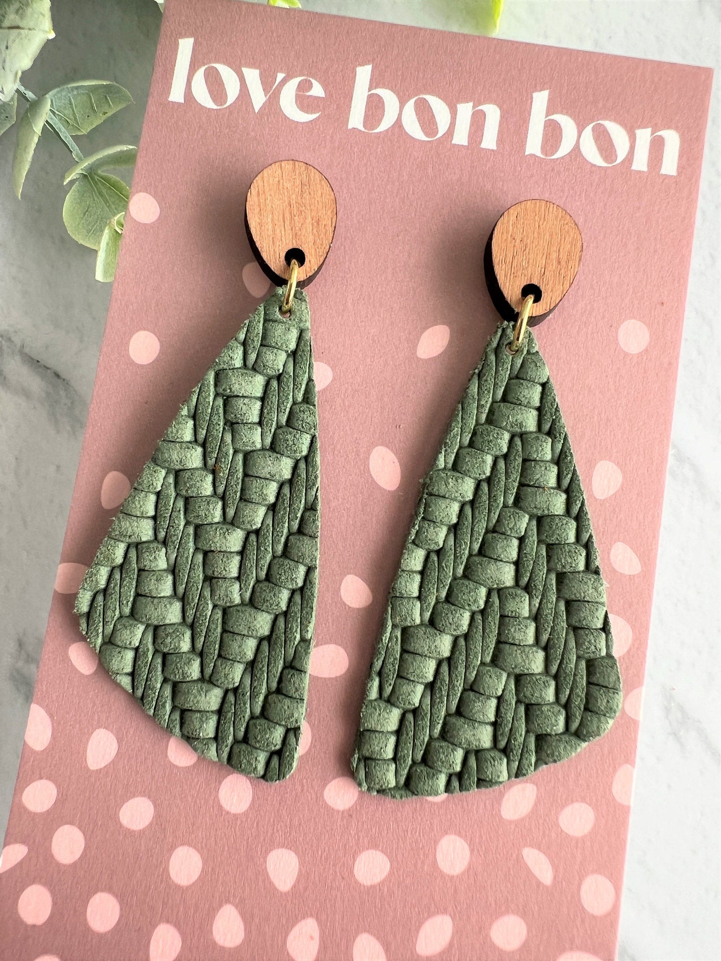 Genuine Leather Handmade Earring with Wooden topper, dangle earring, handmade earring, gift for her, birthday gift, Sage Leather