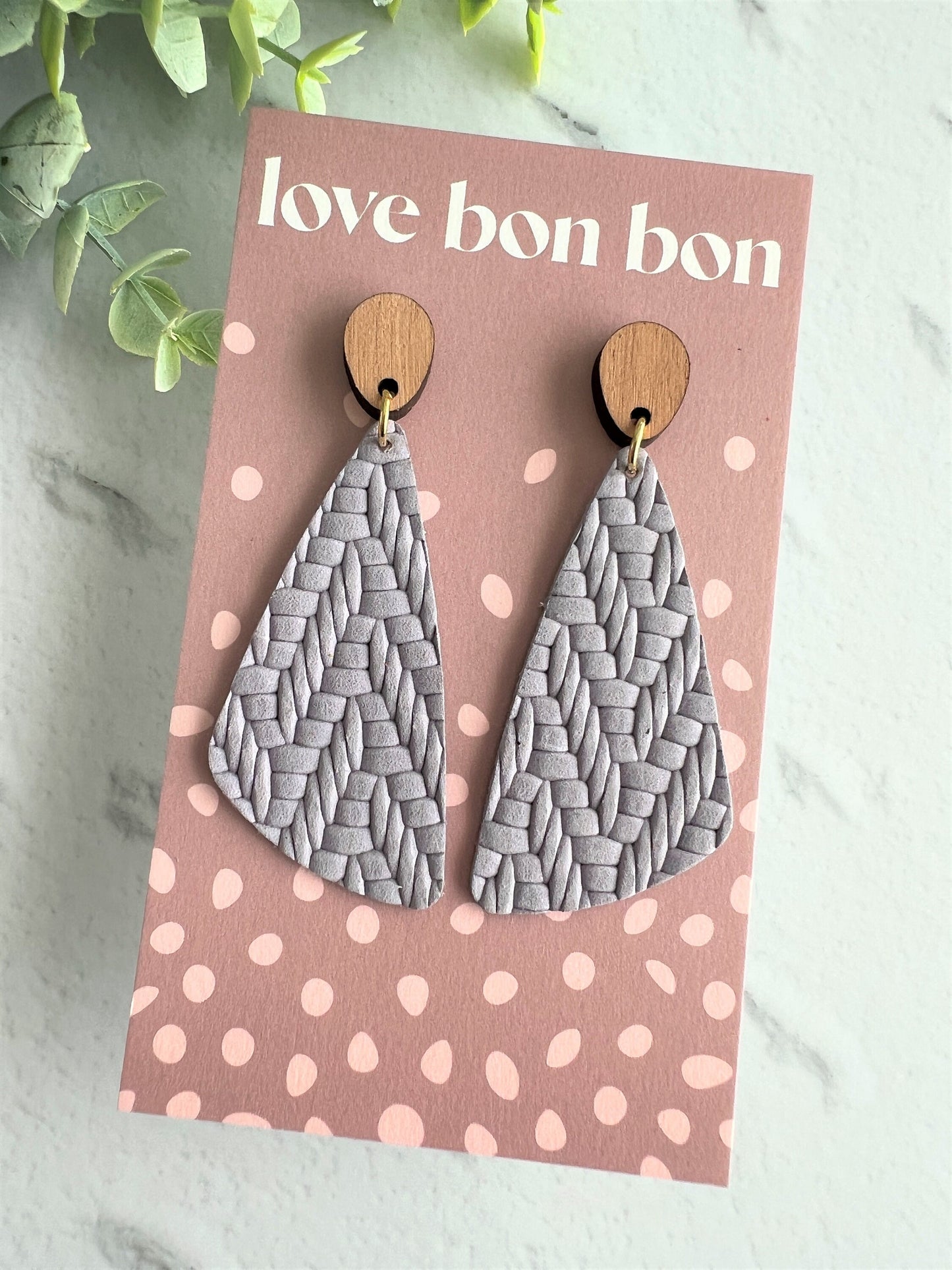 Genuine Leather Handmade Earring with Wooden topper, dangle earring, handmade earring, gift for her, birthday gift, Periwinkle Leather
