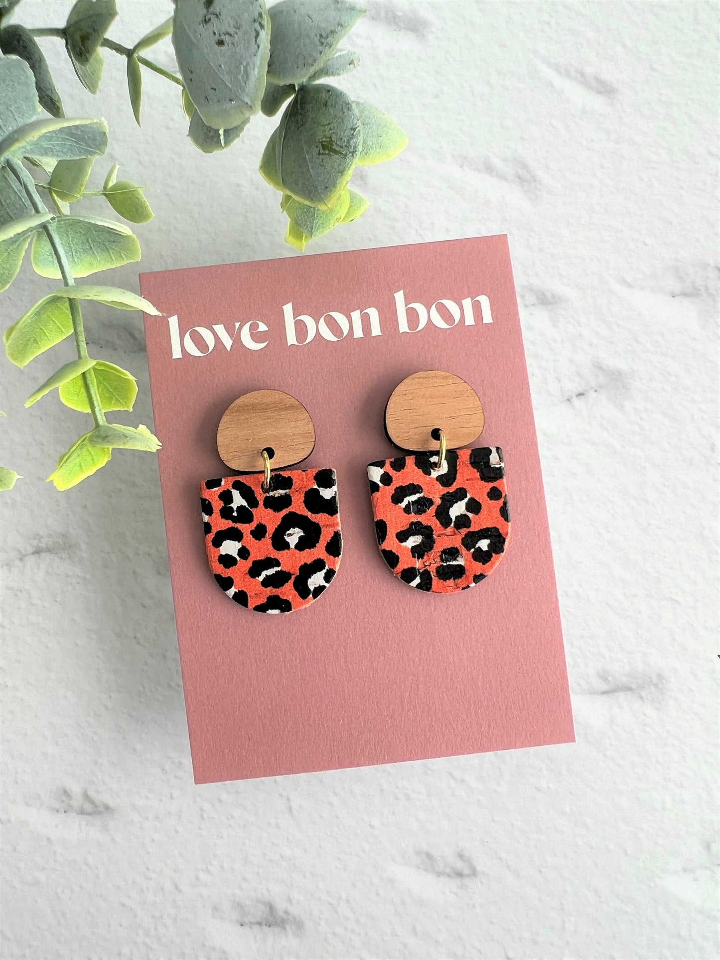 Cork and Leather Handmade Petite Earring with Wooden topper, dangle earring, handmade earring, leopard print, handmade earrings
