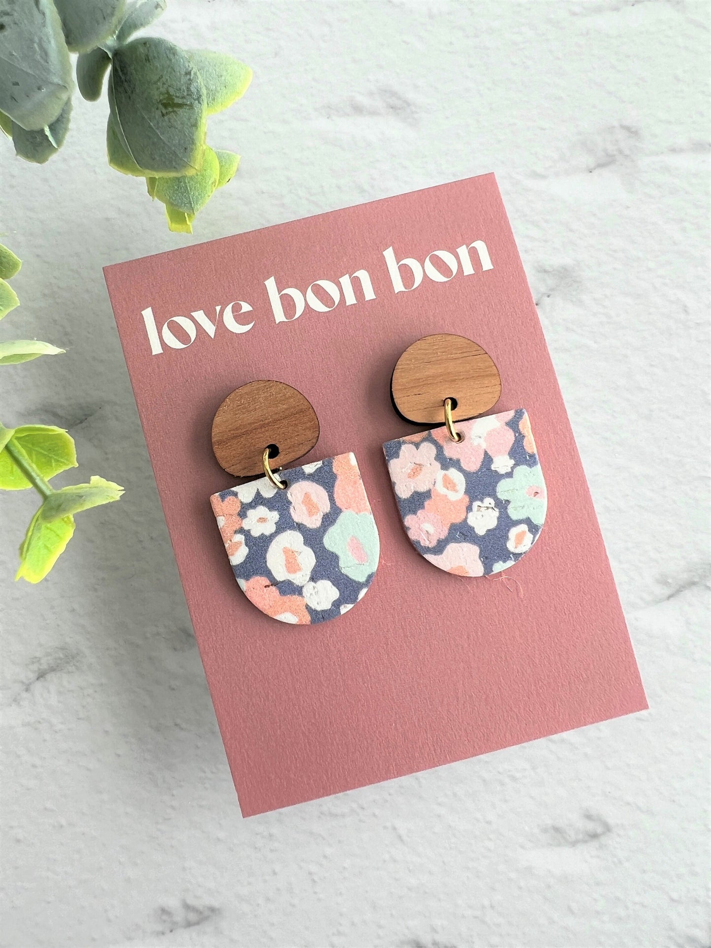 Cork and Leather Handmade Petite Earring with Wooden topper, dangle earring, handmade earring, floral print earring, handmade earrings