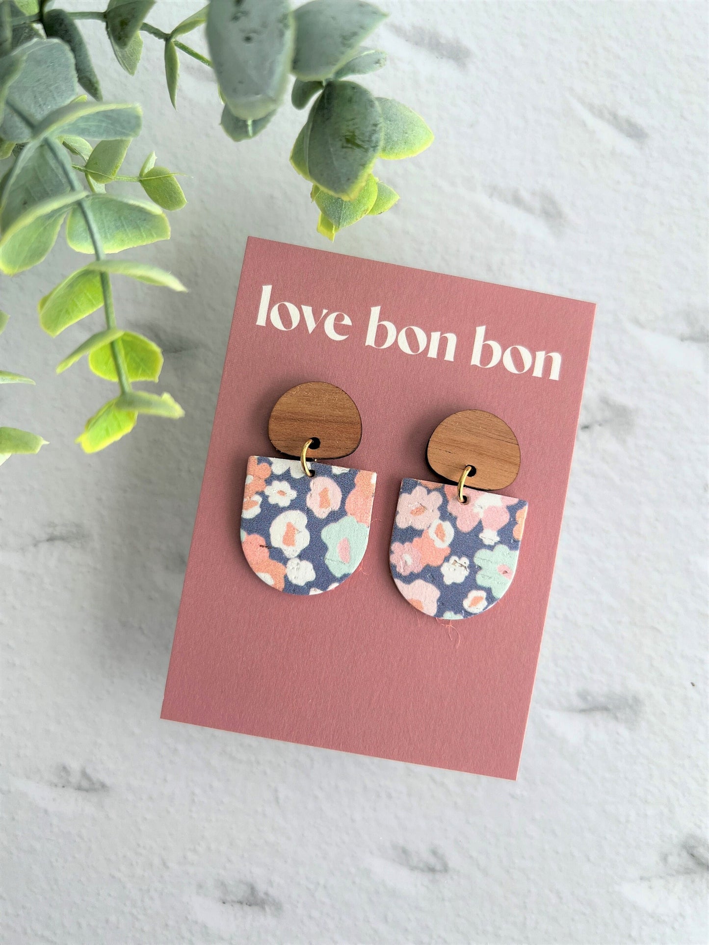 Cork and Leather Handmade Petite Earring with Wooden topper, dangle earring, handmade earring, floral print earring, handmade earrings