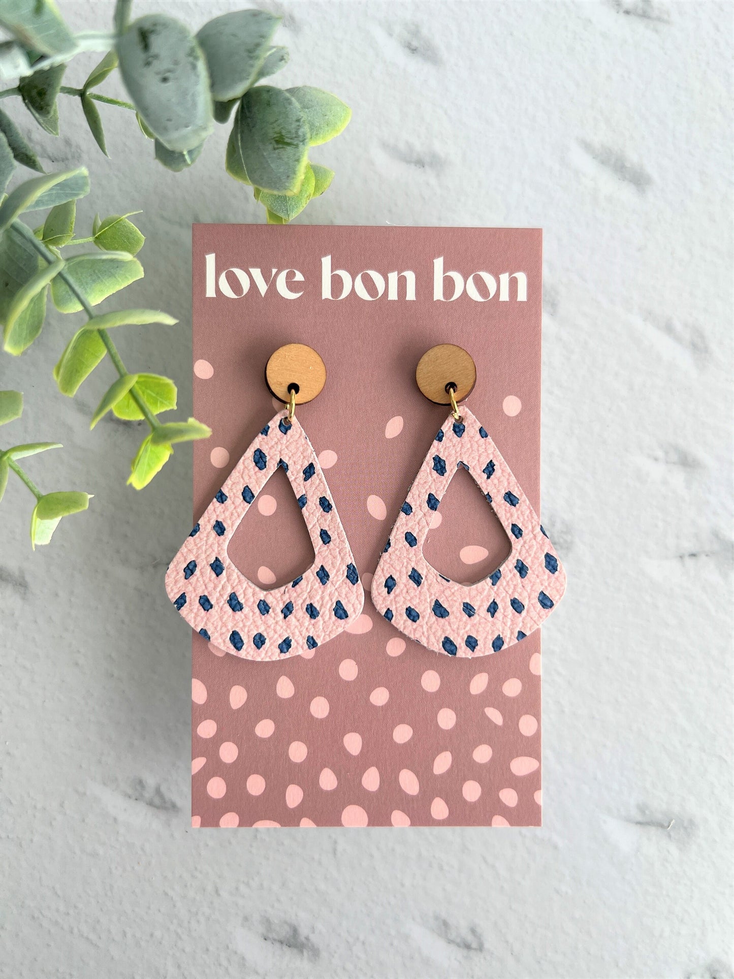 Genuine Leather Geometric Handmade Earring with Wooden topper, dangle earring, gift for her, birthday gift, pink spotted leather earring