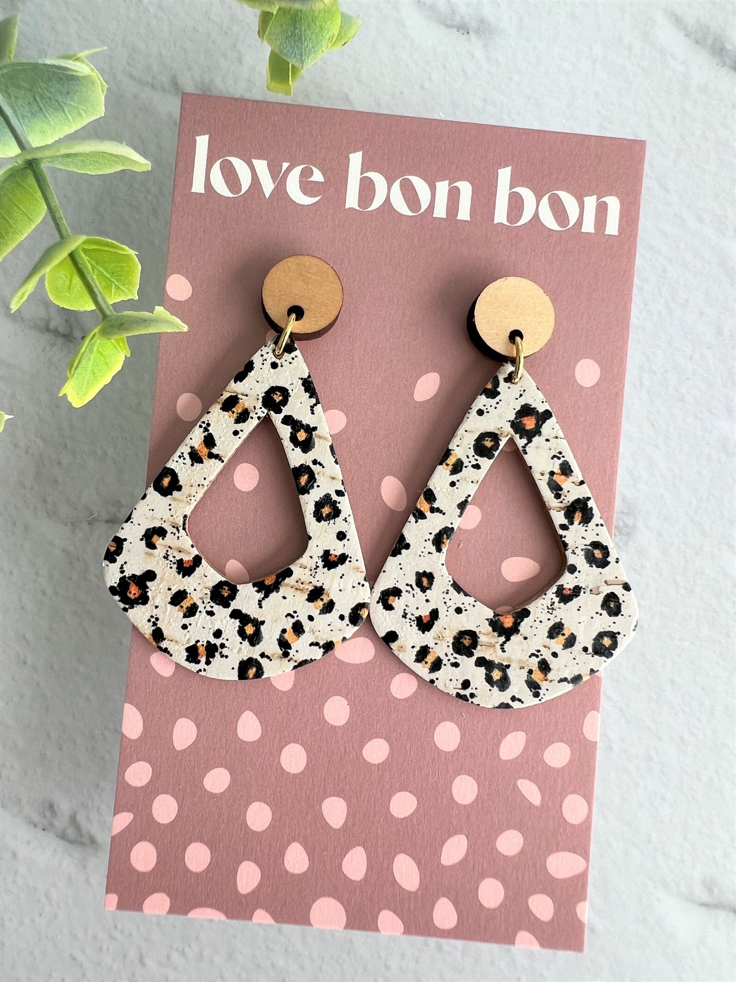 Cork and Leather Geometric Handmade Earring with Wooden topper, dangle earring, gift for her, birthday gift, cheetah print earring