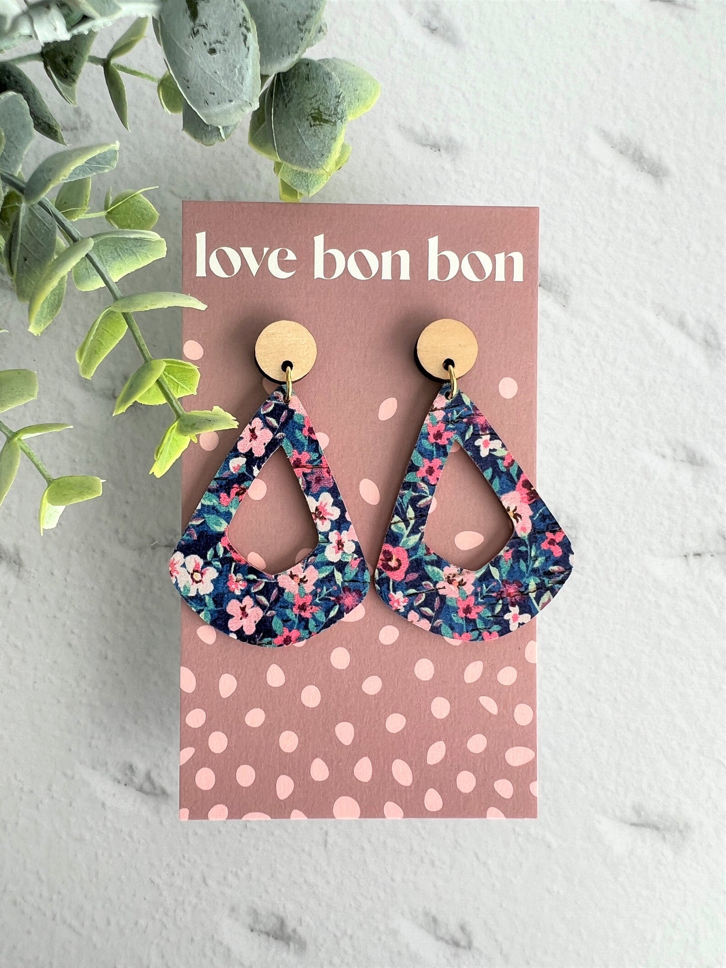 Cork and Leather Geometric Handmade Earring with Wooden topper, dangle earring, gift for her, birthday gift, floral handmade earring