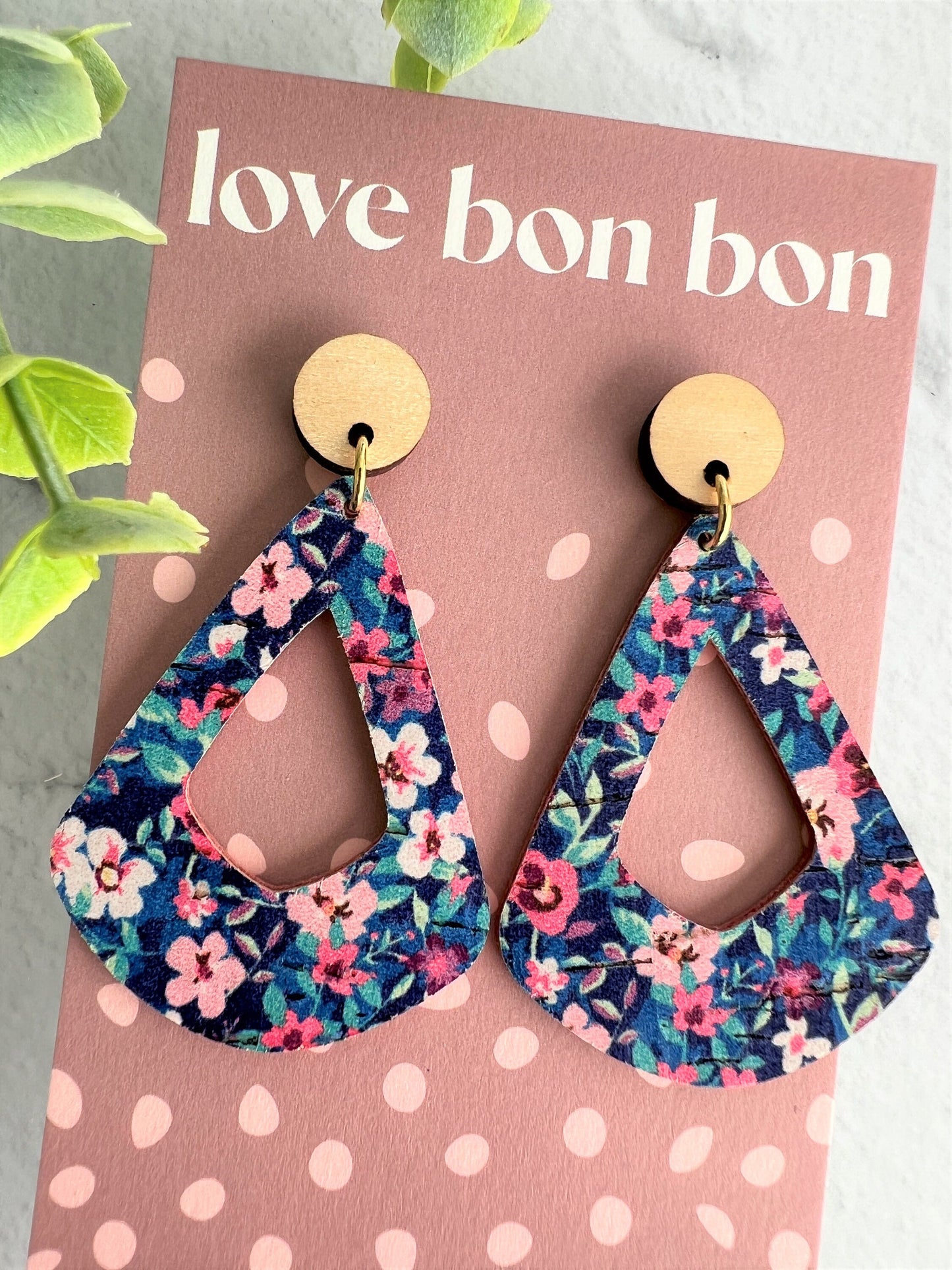 Cork and Leather Geometric Handmade Earring with Wooden topper, dangle earring, gift for her, birthday gift, floral handmade earring