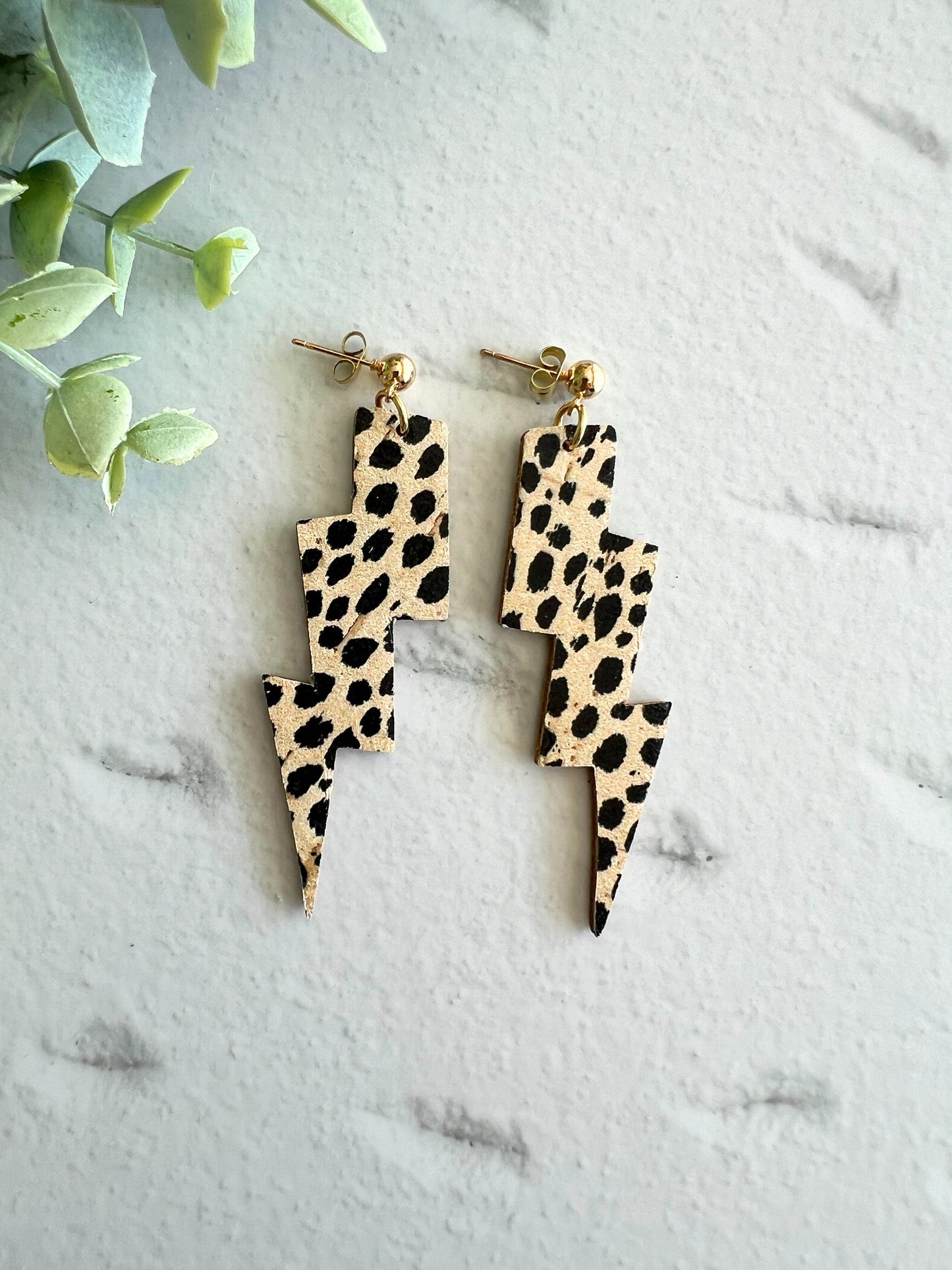 Genuine Cork on Leather Handmade Unique Thunderbolt Earring with Gold Stainless Steel topper - dangle earring - handmade earring