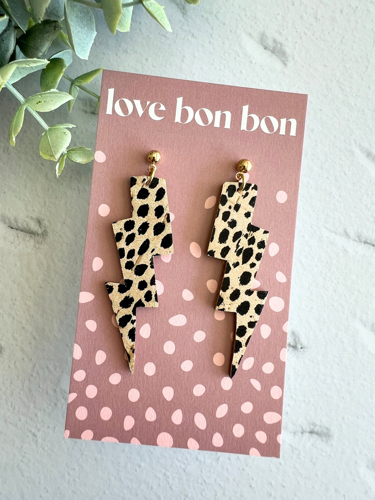 Genuine Cork on Leather Handmade Unique Thunderbolt Earring with Gold Stainless Steel topper - dangle earring - handmade earring