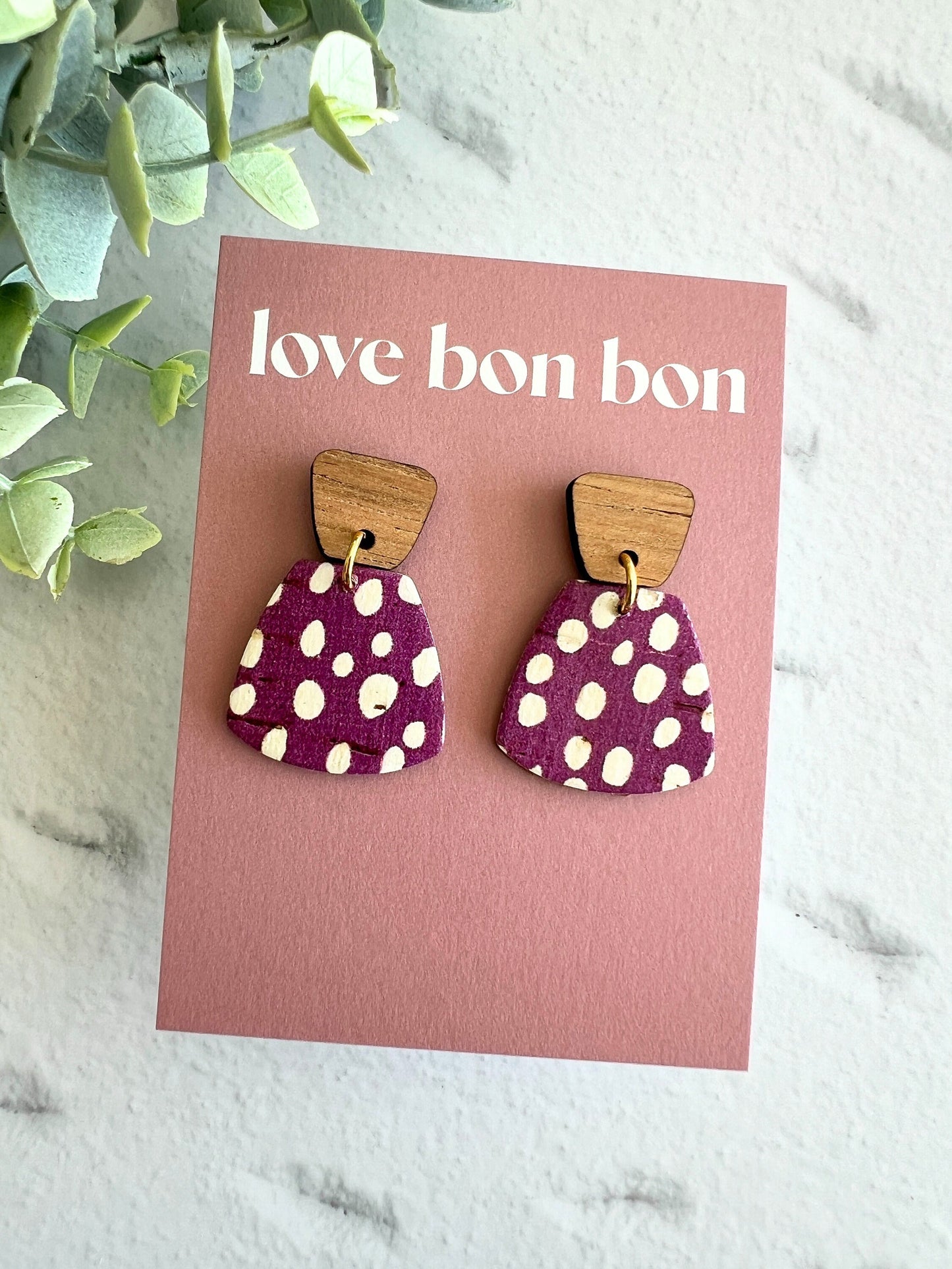Cork and Leather Handmade Petite Earring with Wooden tops, dangle earring, handmade earring, leopard print, handmade earrings
