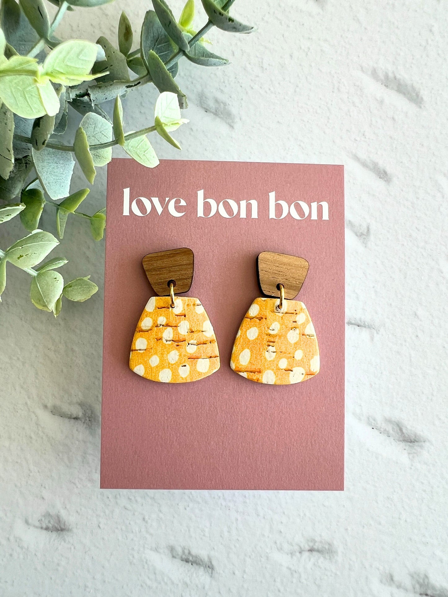 Cork and Leather Handmade Petite Earring with Wooden tops, dangle earring, handmade earring, leopard print, handmade earrings