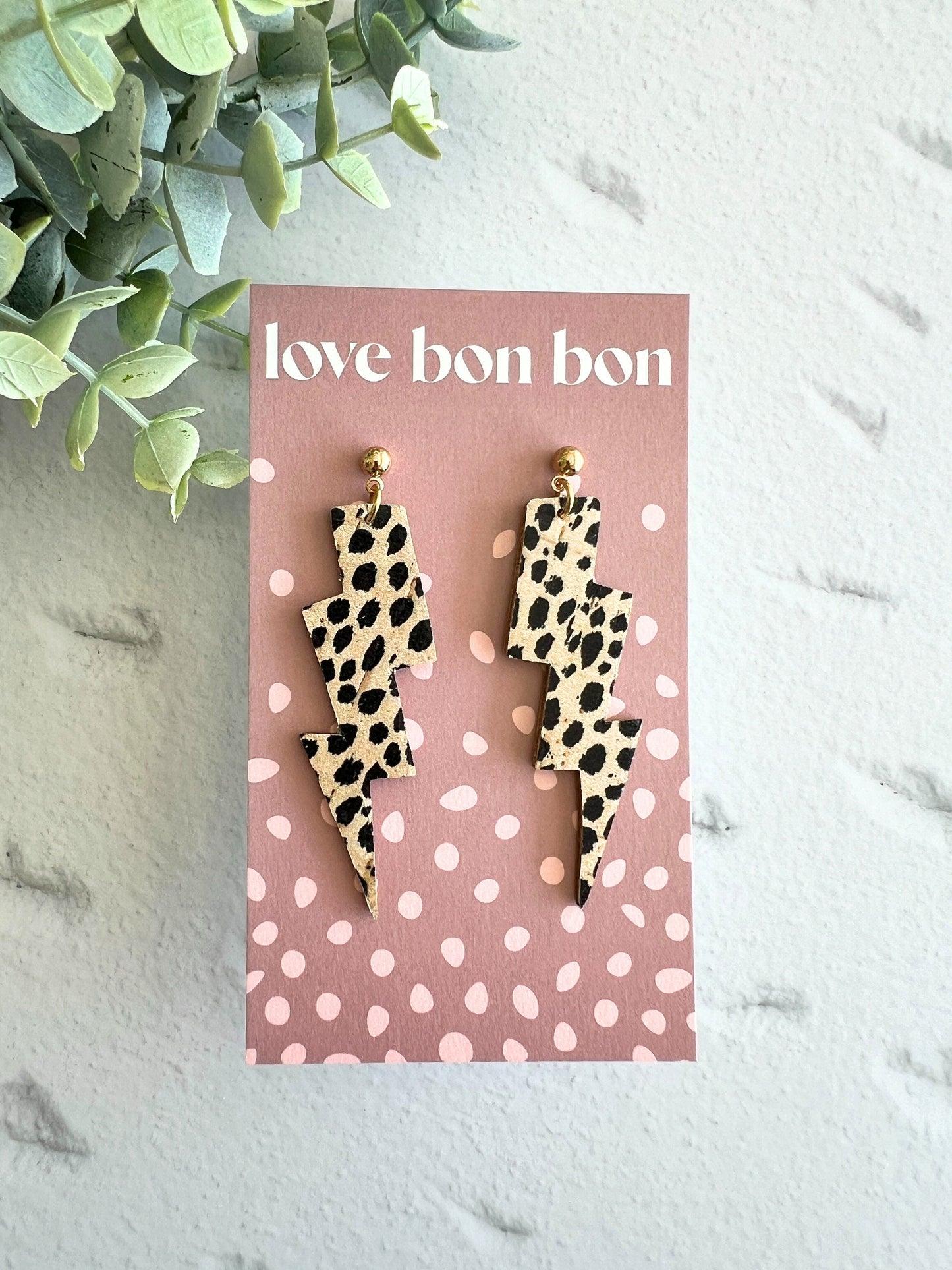 Genuine Cork on Leather Handmade Unique Thunderbolt Earring with Gold Stainless Steel topper - dangle earring - handmade earring