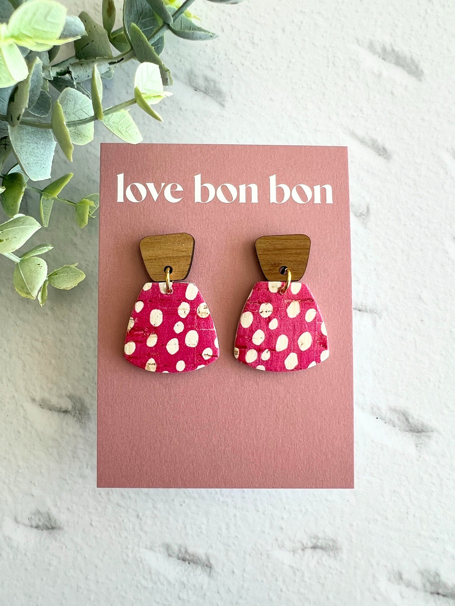 Cork and Leather Handmade Petite Earring with Wooden tops, dangle earring, handmade earring, leopard print, handmade earrings