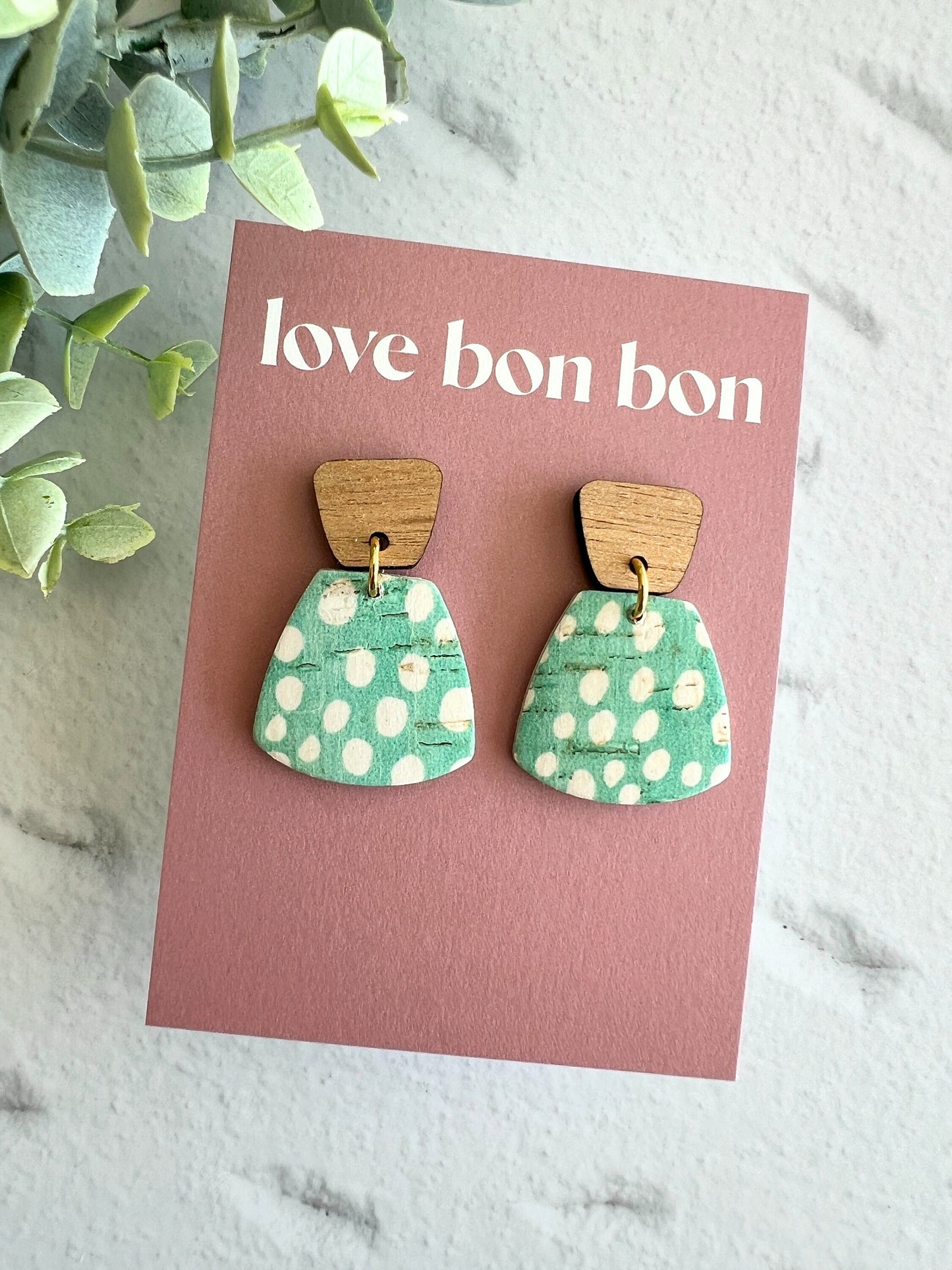 Cork and Leather Handmade Petite Earring with Wooden tops, dangle earring, handmade earring, leopard print, handmade earrings