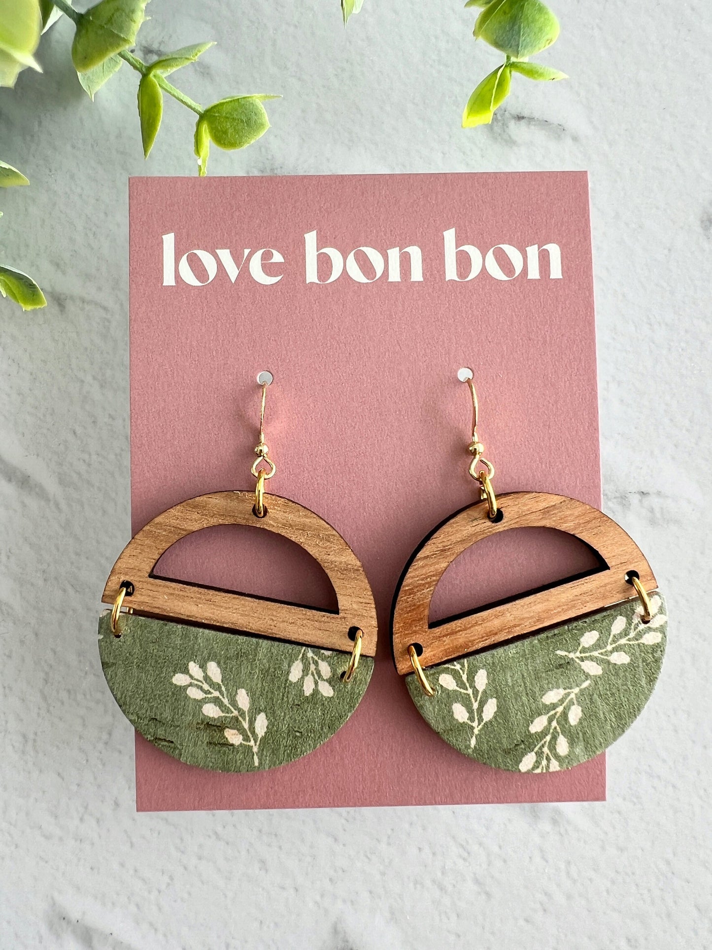 Genuine Cork and Large Leather Handmade Circle Earring with half circle Wooden topper - dangle earring - meadow print leather
