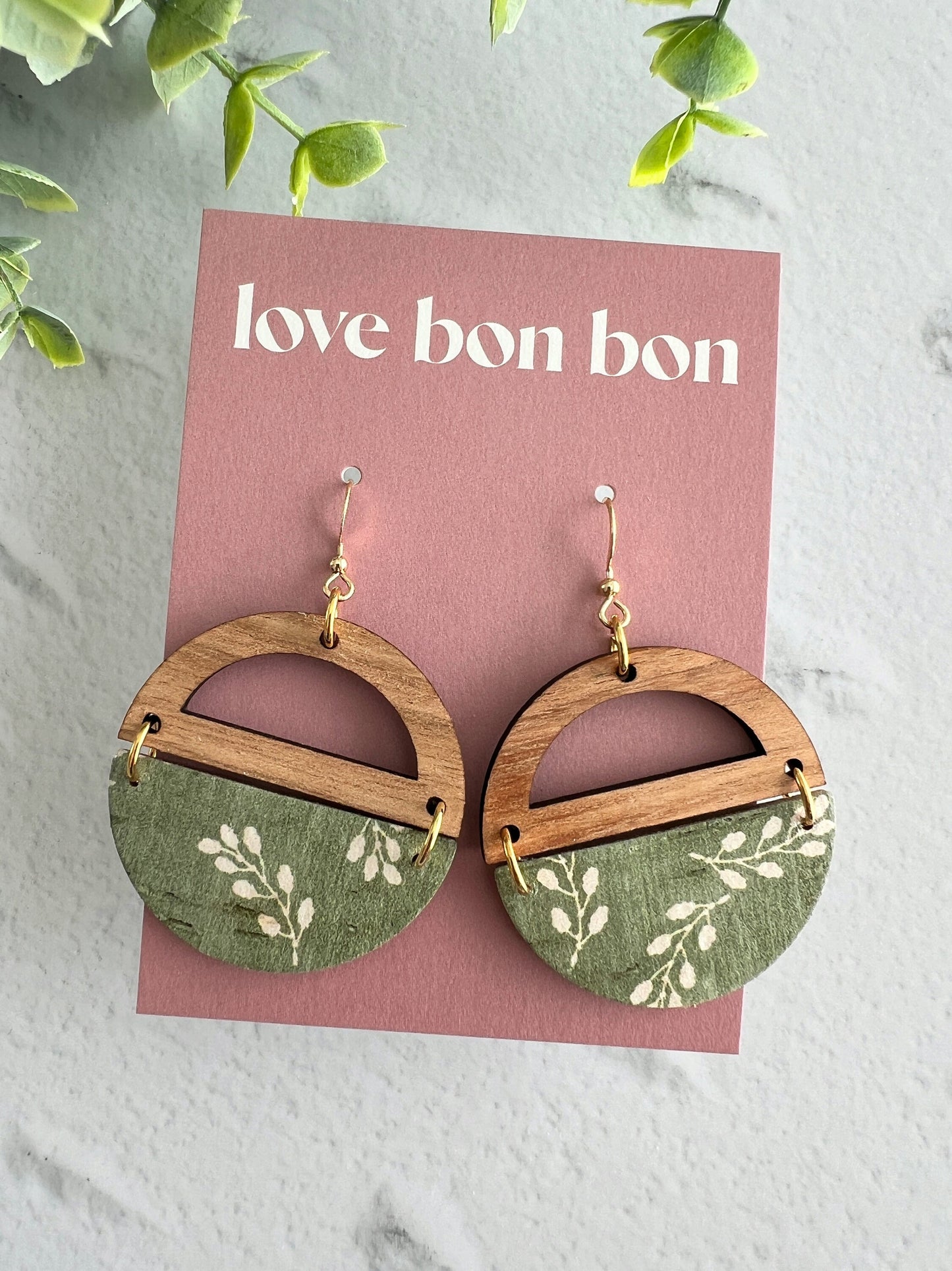 Genuine Cork and Large Leather Handmade Circle Earring with half circle Wooden topper - dangle earring - meadow print leather